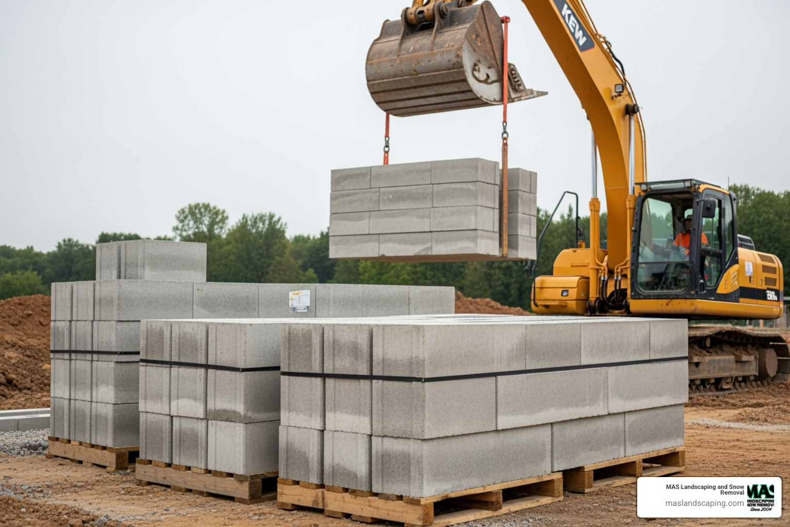pallet of SRW blocks and a large-format block being installed with machinery - cast concrete retaining wall blocks