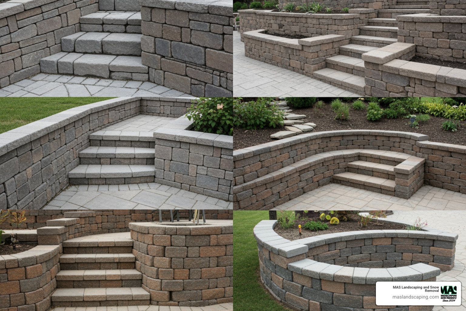 collage showing different textures, colors, and custom features like built-in stairs and seating - cast concrete retaining wall blocks