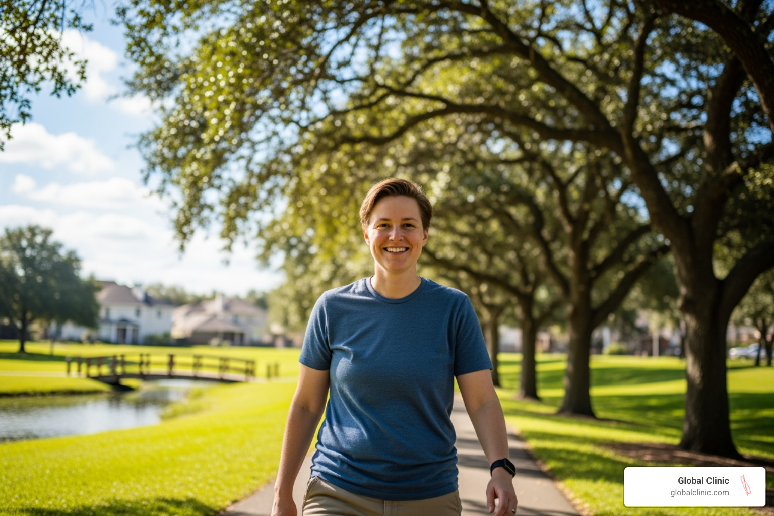 person happily walking pain-free in a park - Hip pain treatment