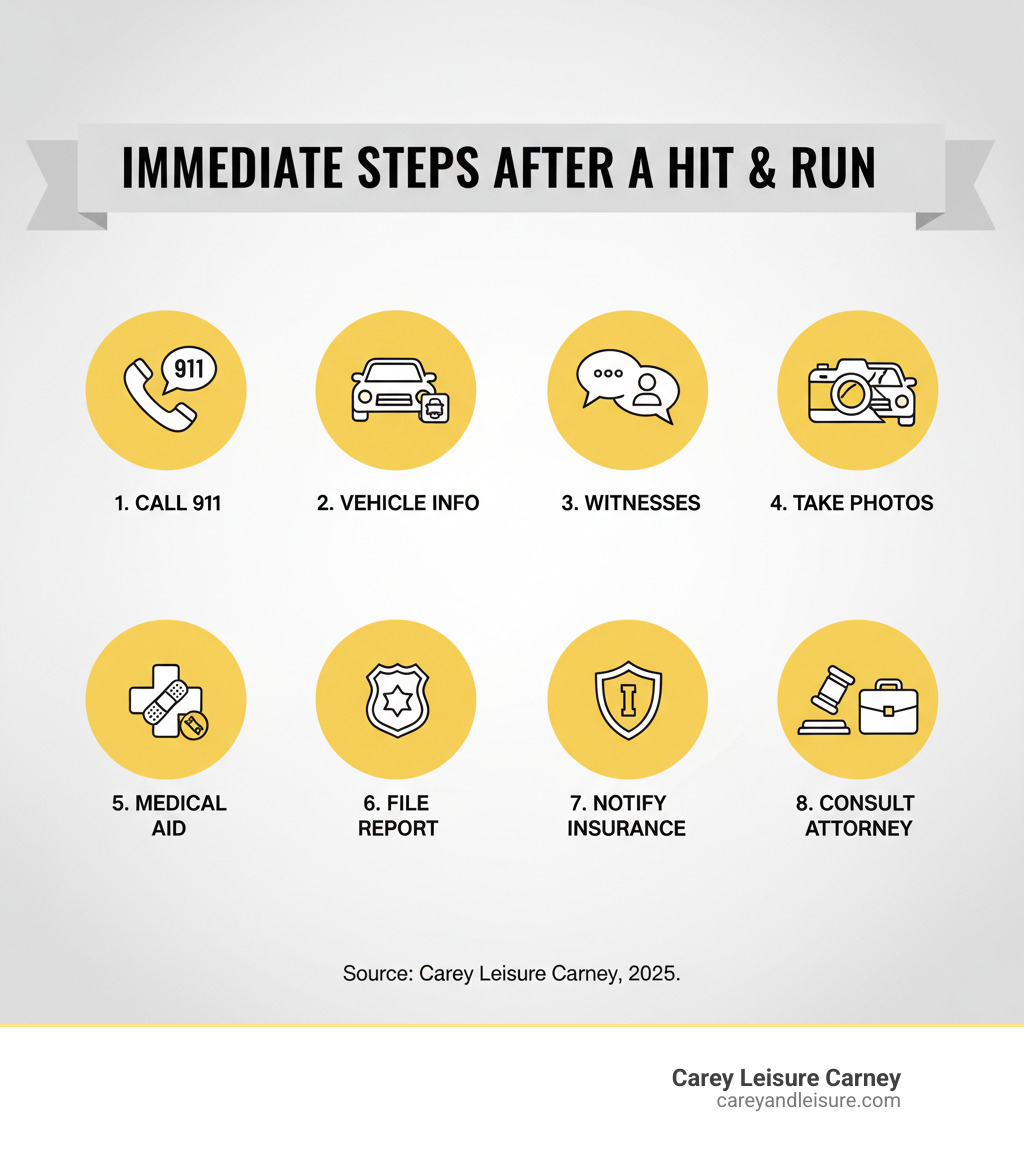 Infographic showing the immediate steps after a hit and run: 1) Call 911 immediately, 2) Note vehicle description and license plate if possible, 3) Gather witness contact information, 4) Take photos of the scene and damage, 5) Seek medical attention even if injuries seem minor, 6) Contact law enforcement to file a report, 7) Notify your insurance company, 8) Consult a personal injury attorney - hit and run death infographic 