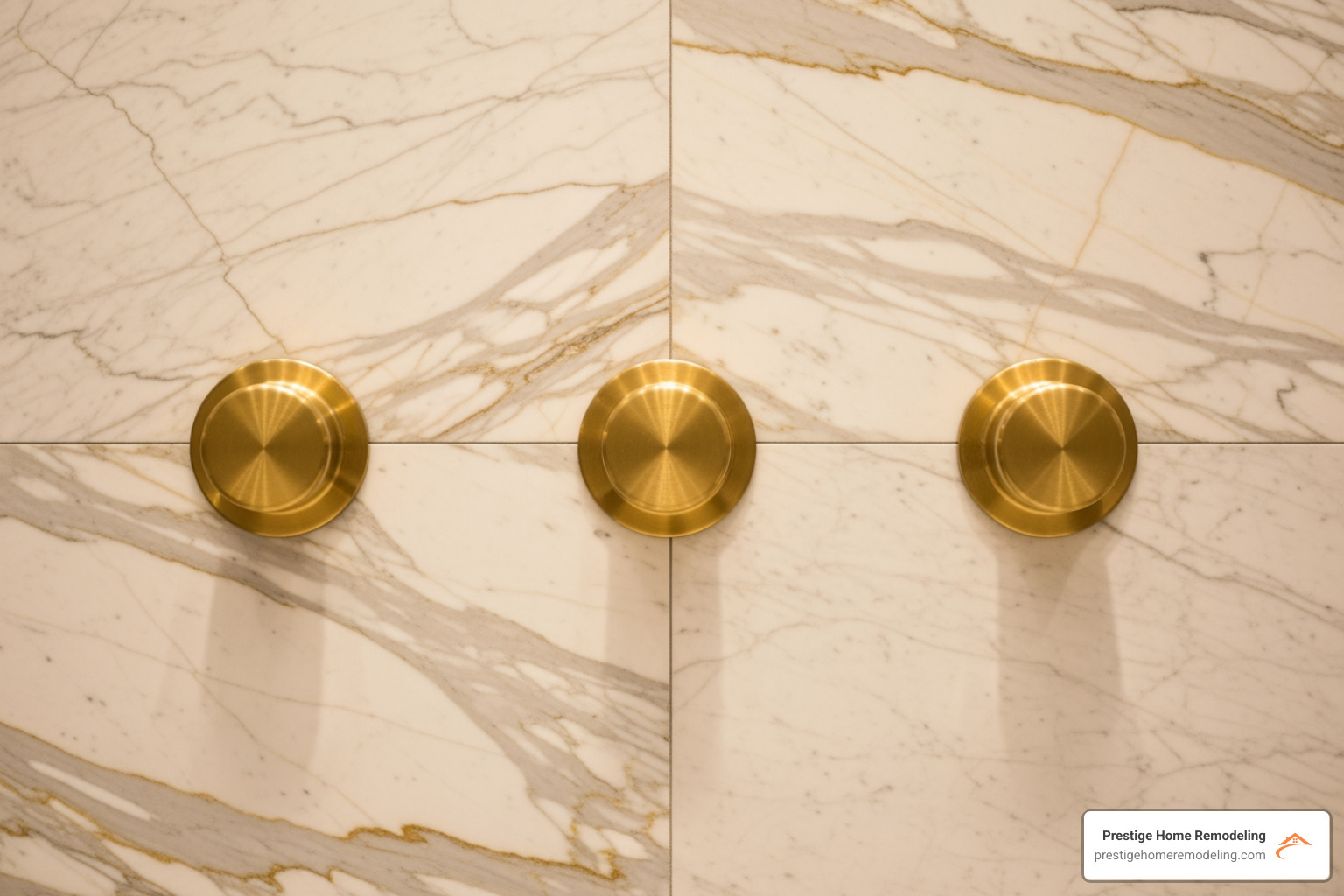 close up of a marble slab wall with brass fixtures - luxury bathroom remodel