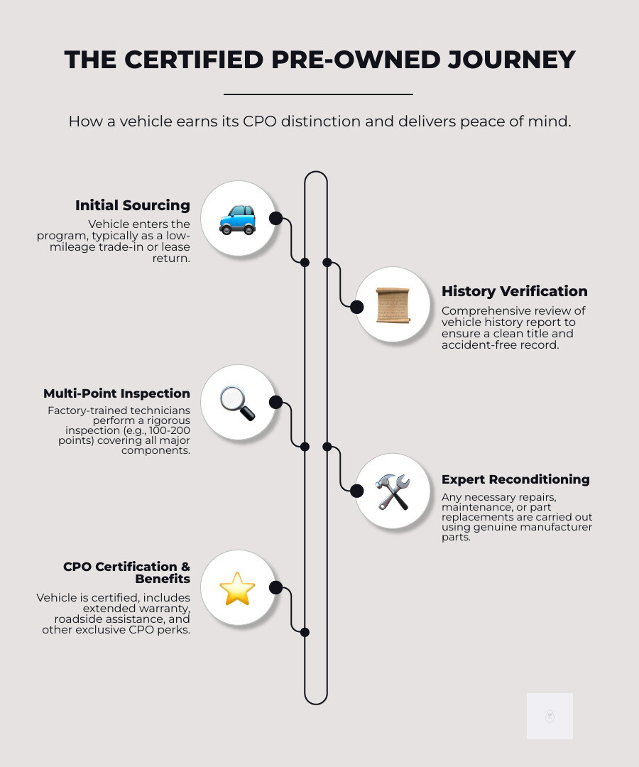 Infographic showing the CPO certification journey: starting with a trade-in or lease return, moving through vehicle history verification, then multi-point inspection by factory-trained technicians, followed by reconditioning with genuine parts, and ending with warranty coverage and additional benefits - what are certified pre-owned vehicles infographic infographic-line-5-steps-elegant_beige Infographic showing the CPO certification journey: starting with a trade-in or lease return, moving through vehicle history verification, then multi-point inspection by factory-trained technicians, followed by reconditioning with genuine parts, and ending with warranty coverage and additional benefits - what are certified pre-owned vehicles infographic infographic-line-5-steps-elegant_beige