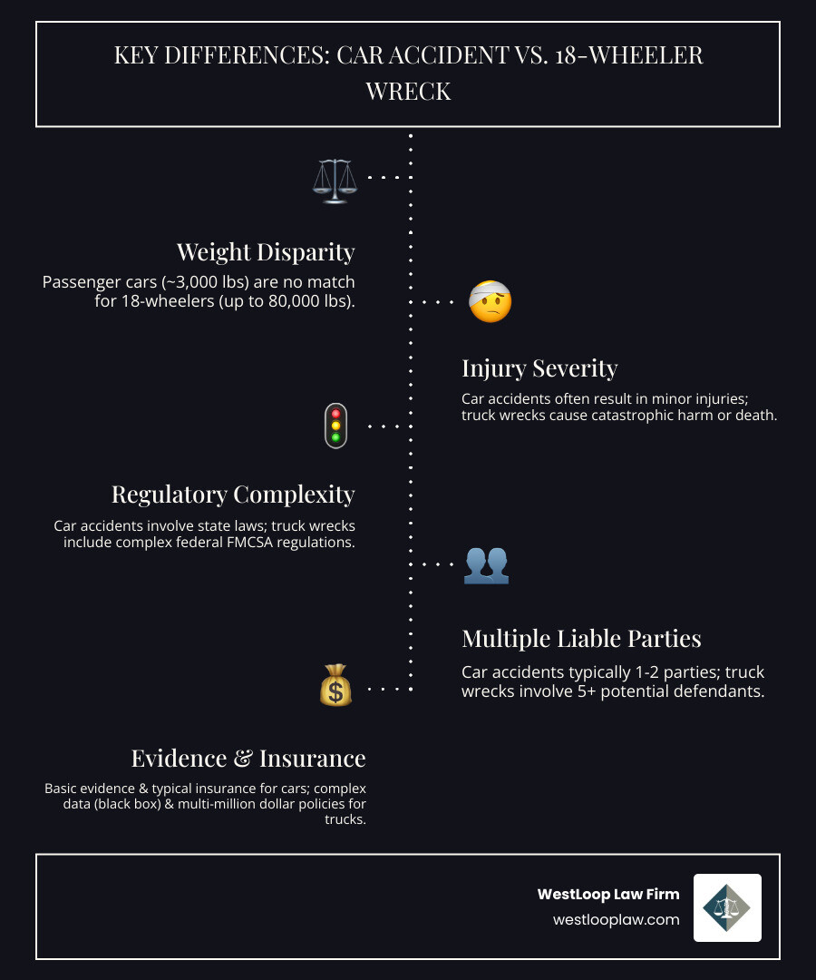 Infographic showing key differences between standard car accidents and 18-wheeler wrecks: weight disparity (3,000 lbs vs 80,000 lbs), injury severity (minor vs catastrophic), regulations (state laws vs federal FMCSA rules), liable parties (1-2 vs 5+), insurance coverage (typical vs multi-million dollar policies), and evidence complexity (basic vs black box data, logs, maintenance records) - 18 wheeler wreck lawyers infographic infographic-line-5-steps-dark
