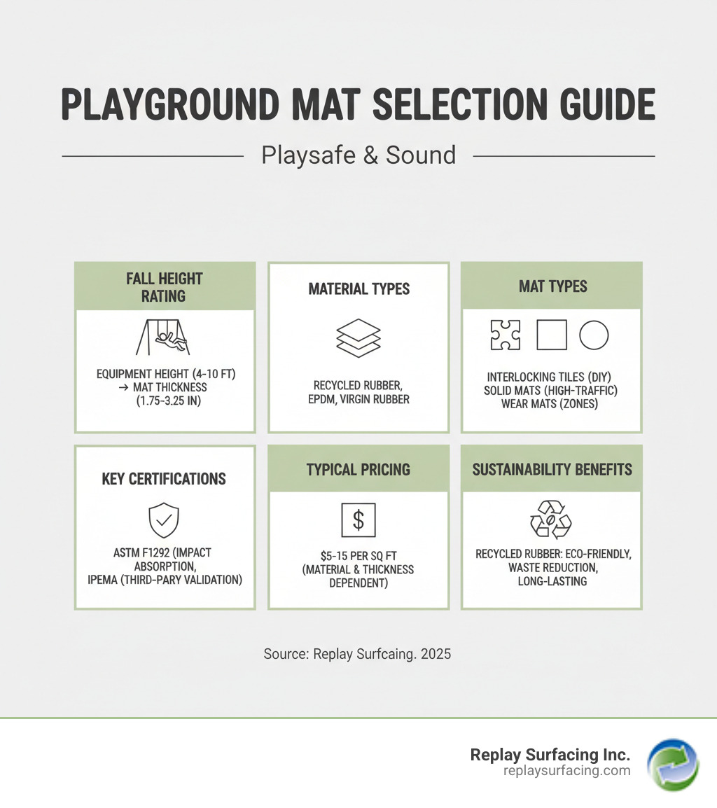 Infographic showing playground mat selection criteria: Fall height rating based on equipment height (4-10 feet), material types (recycled rubber, EPDM, virgin rubber), mat types (interlocking tiles for DIY, solid mats for high-traffic, wear mats for specific zones), key certifications (ASTM F1292, IPEMA), typical pricing ($5-15 per sq ft), and sustainability benefits of recycled rubber options - playground mats Charlotte NC infographic 