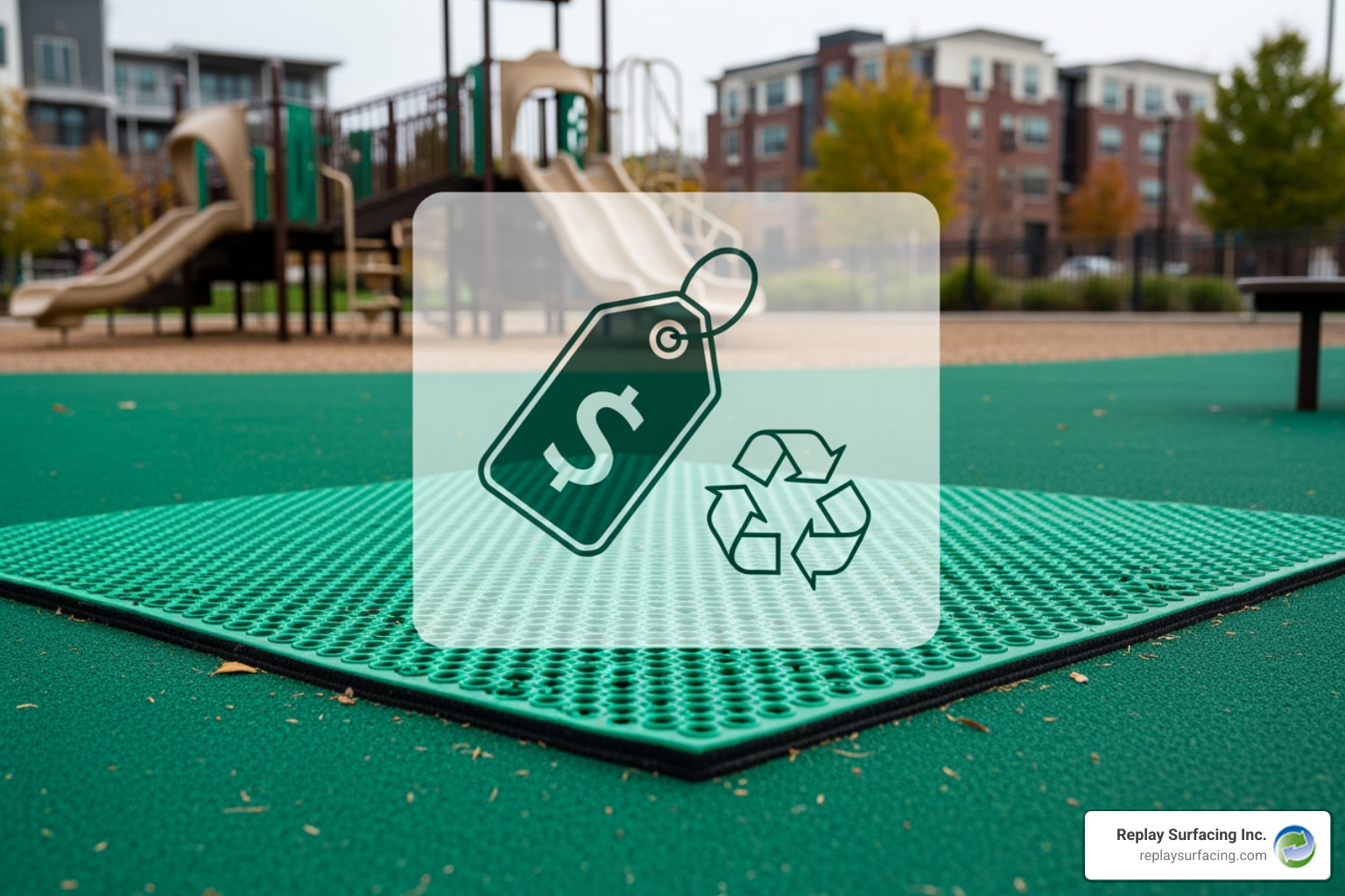 A price tag and a recycling symbol overlaid on a playground mat installed in a community center playground in Nashville, TN, serviced by Replay Surfacing Inc. - playground mats Charlotte NC