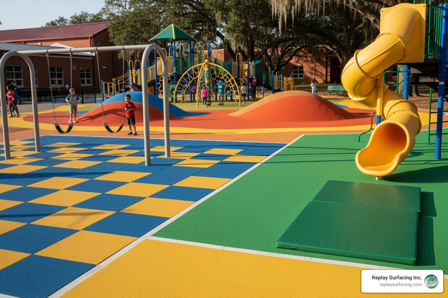 Showcasing different types of playground mats offered by Replay Surfacing Inc., such as interlocking tiles, solid mats, and poured-in-place rubber in a schoolyard setting in Columbia, SC - playground mats Charlotte NC