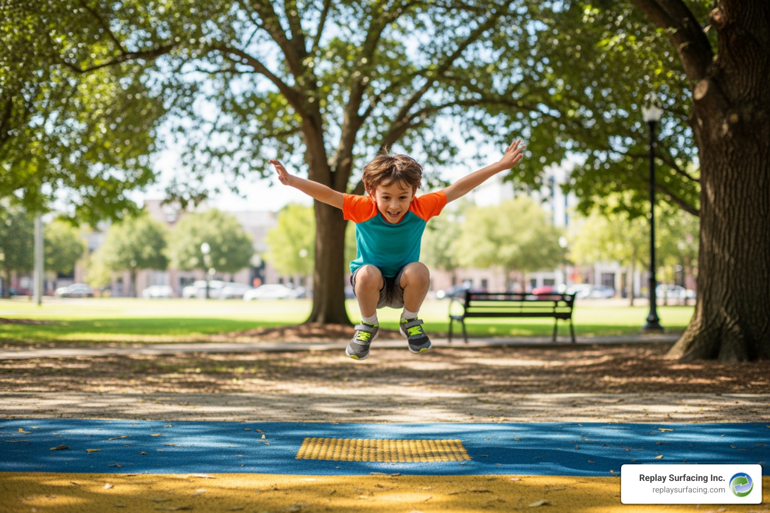 A child safely landing on a rubber playground mat in a local park in Raleigh, NC, serviced by Replay Surfacing Inc. - playground mats Charlotte NC