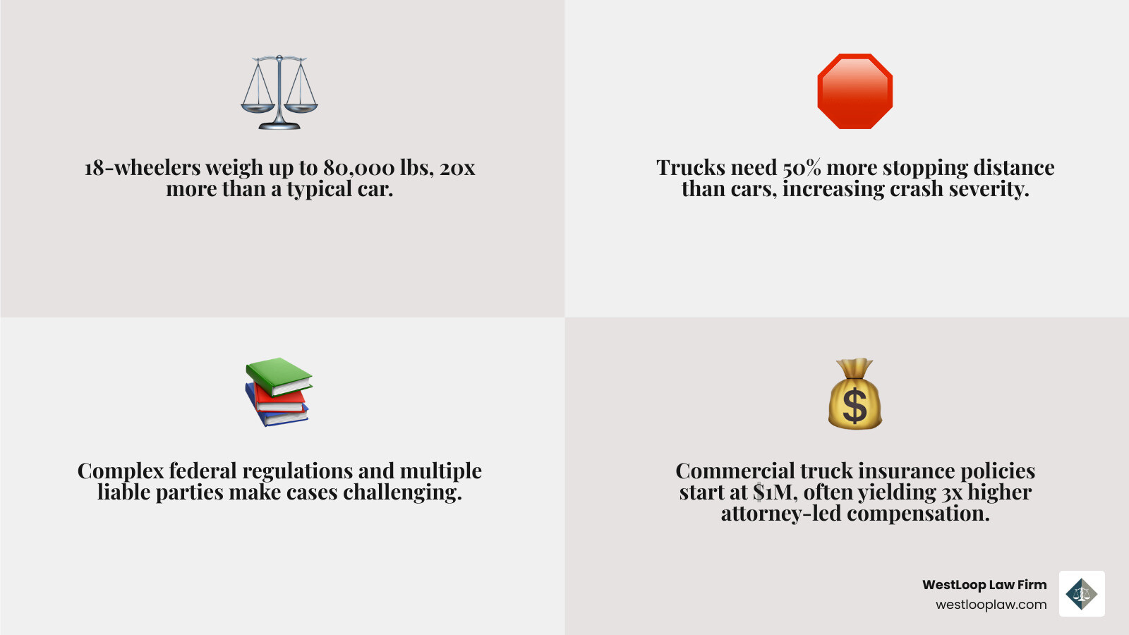 Infographic showing key differences between car accidents and 18-wheeler accidents including vehicle weight disparity (2 tons vs 20 tons), stopping distance requirements (50% more for trucks), federal regulations governing truckers, multiple liable parties in truck crashes, insurance policy minimums ($1 million for commercial trucks), and statistics showing insurance claims with attorneys result in 3x higher compensation - 18-wheeler accident lawyer infographic 4_facts_emoji_grey