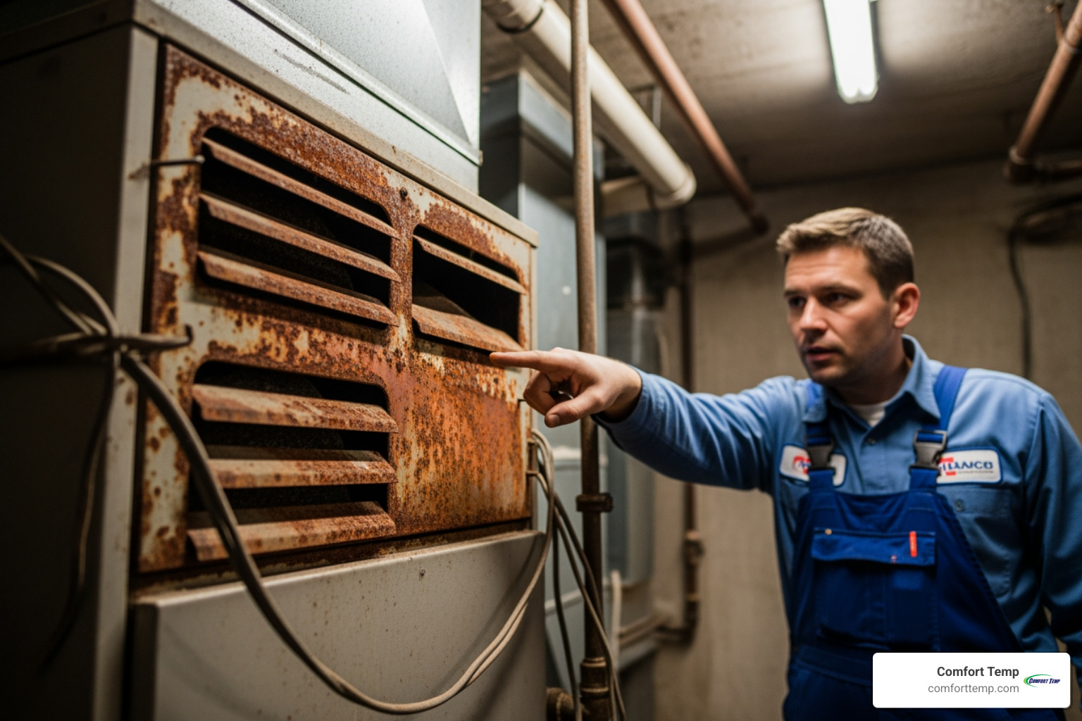 A technician points to a rusty, old furnace unit, highlighting signs of wear and tear. - furnace replacement Jacksonville FL A technician points to a rusty, old furnace unit, highlighting signs of wear and tear. - furnace replacement Jacksonville FL
