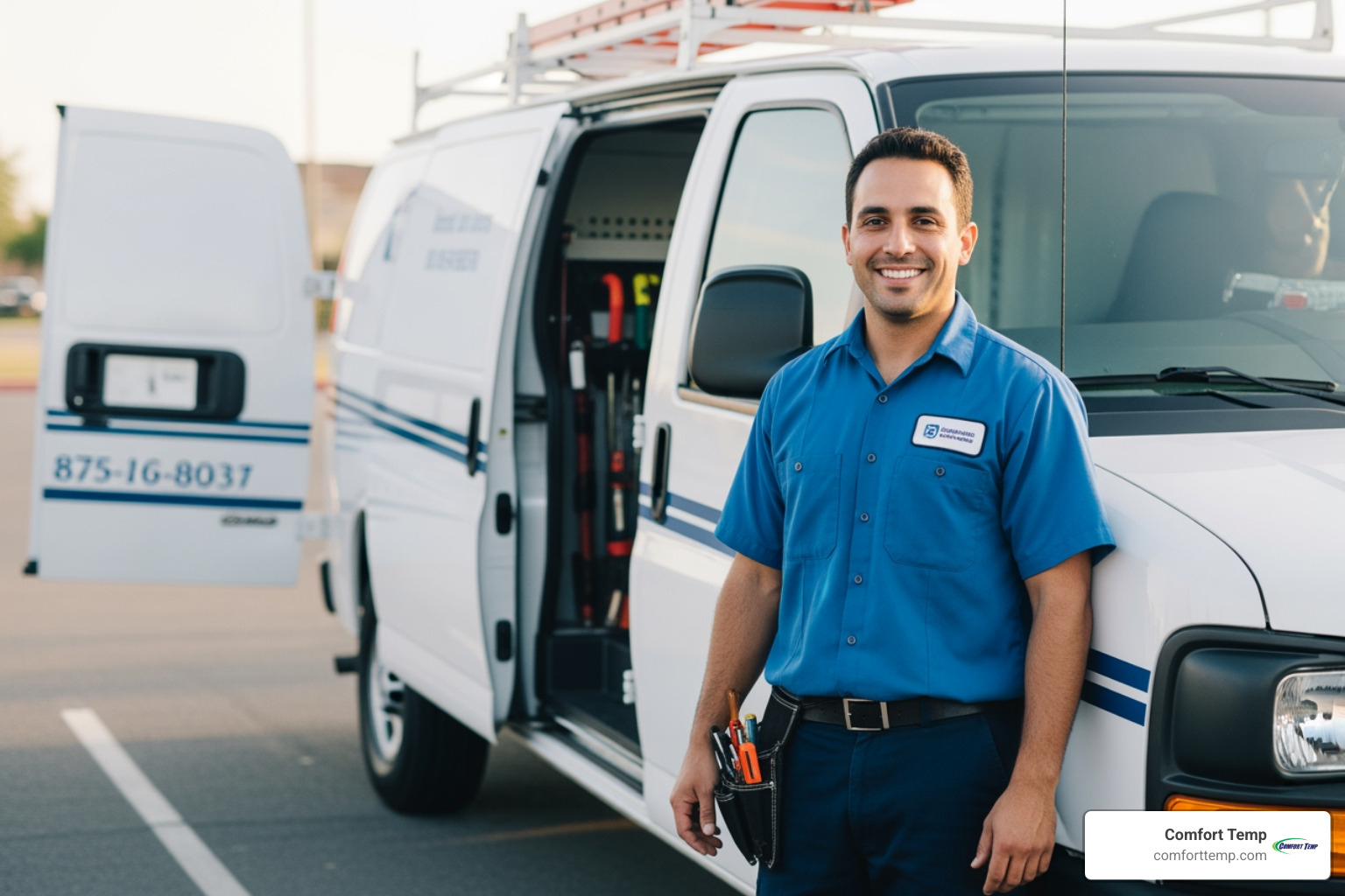 A uniformed Comfort Temp technician smiles next to a service van, ready for service. - furnace replacement Jacksonville FL A uniformed Comfort Temp technician smiles next to a service van, ready for service. - furnace replacement Jacksonville FL