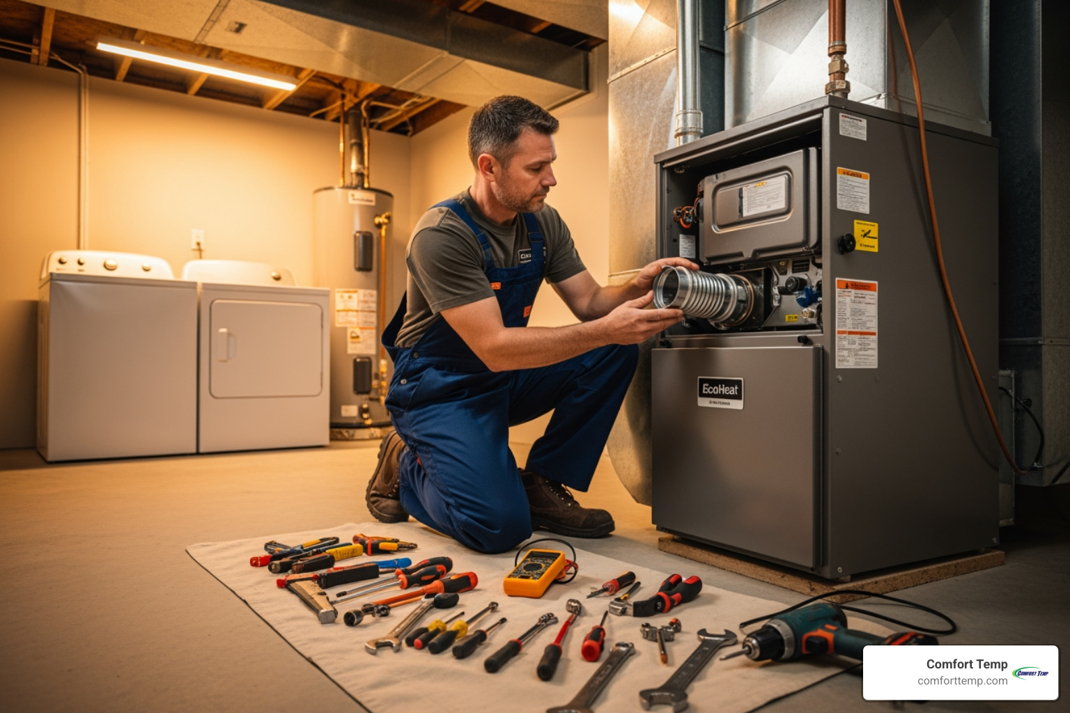 A clean, professional furnace installation in progress, showing a technician carefully working on the unit. - furnace replacement Jacksonville FL A clean, professional furnace installation in progress, showing a technician carefully working on the unit. - furnace replacement Jacksonville FL