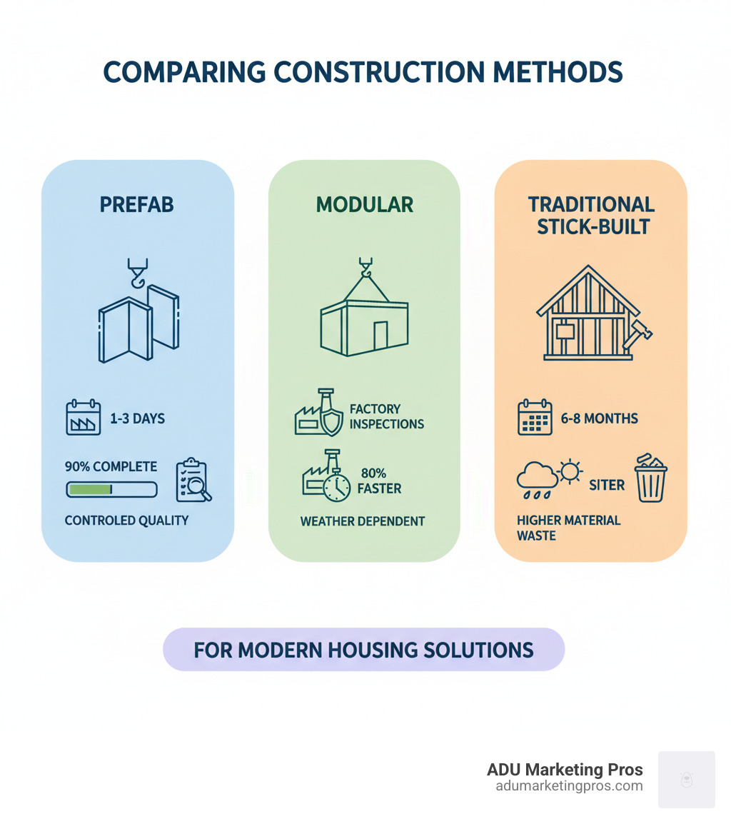 Infographic comparing three construction methods: Prefab (factory-built panels, 1-3 day install, 90% complete on arrival, controlled quality), Modular (complete room sections, crane required, factory inspections, 80% faster than traditional), and Traditional Stick-Built (on-site construction, 6-8 months timeline, weather dependent, higher material waste) - granny flat prefab home infographic 