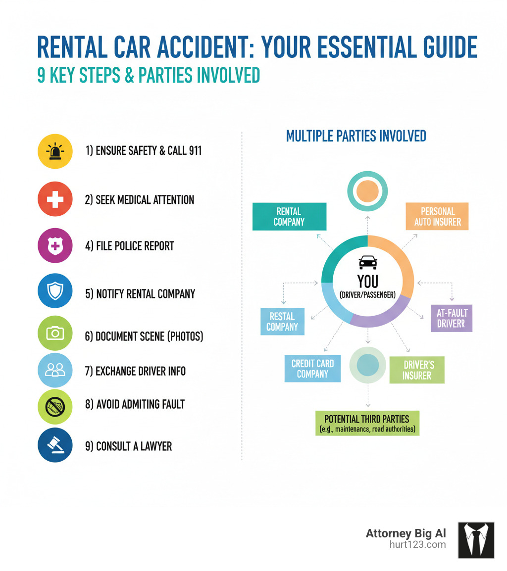 Infographic showing the key steps after a rental car accident: 1) Ensure safety and call 911, 2) Seek immediate medical attention, 3) File police report, 4) Notify rental company, 5) Contact your insurance, 6) Document the scene with photos, 7) Exchange driver information, 8) Avoid admitting fault, 9) Consult a rental car accident lawyer. Also shows the multiple parties involved: rental company, personal auto insurer, credit card company, at-fault driver's insurer, and potential third parties. - rental car accident lawyer infographic 