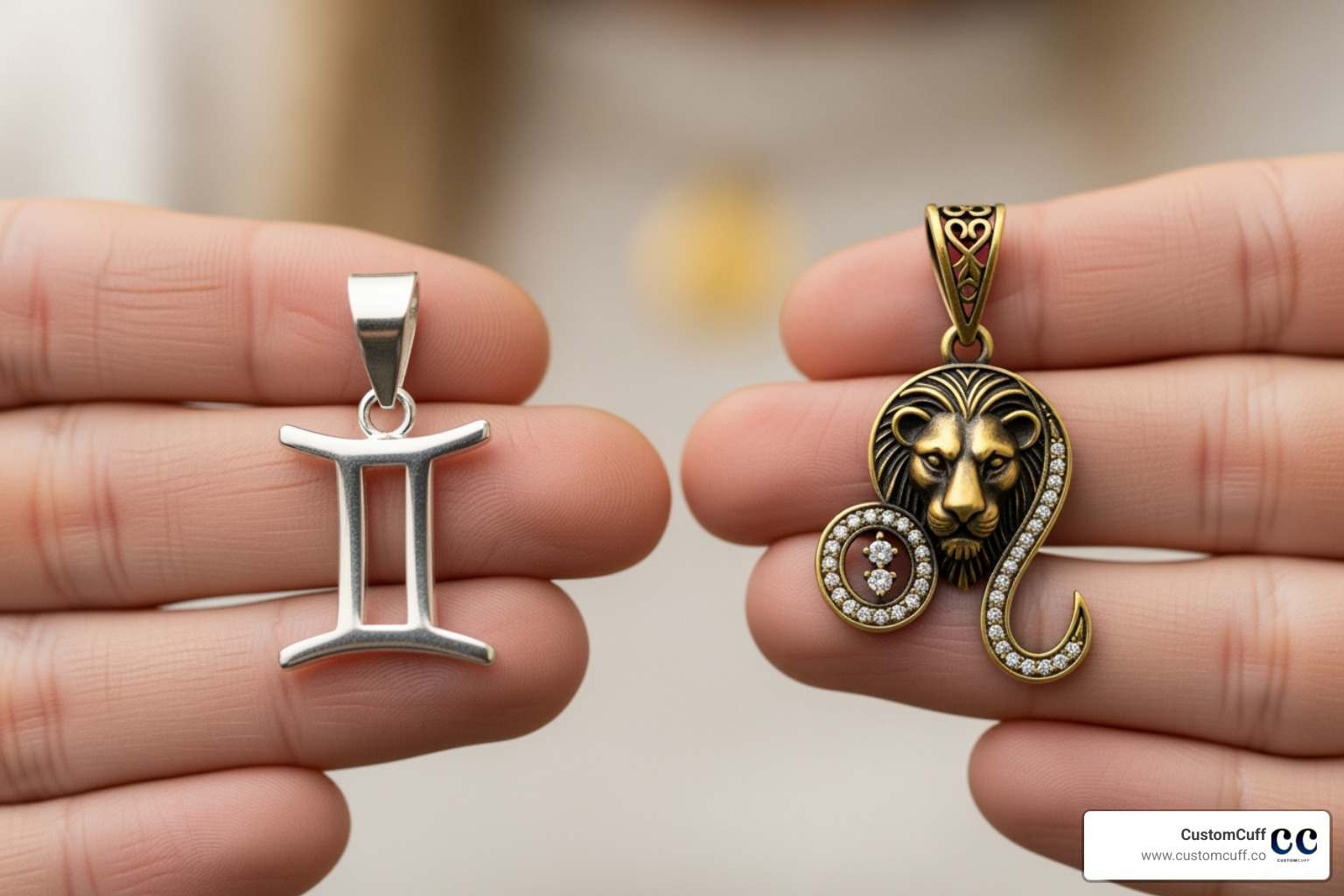 a person's hands holding two different styles of zodiac pendants, one minimalist and one more ornate, against a soft, blurred background - zodiac pendant