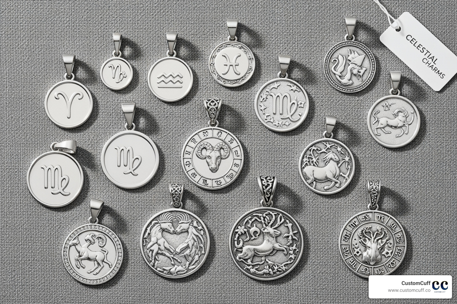 flat lay of various silver zodiac pendants from different brands, showcasing different styles and sizes - zodiac pendant