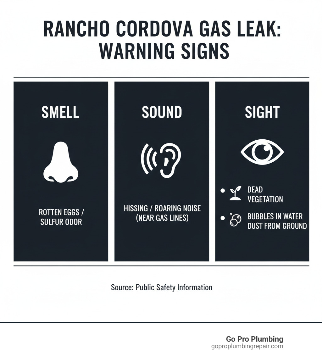 Infographic showing three main warning signs of a gas leak: Smell (rotten eggs/sulfur odor with nose icon), Sound (hissing or roaring noise near gas lines with sound wave icon), and Sight (dead vegetation, bubbles in water, or dust blowing from ground with eye icon) - Rancho Cordova gas leak infographic 