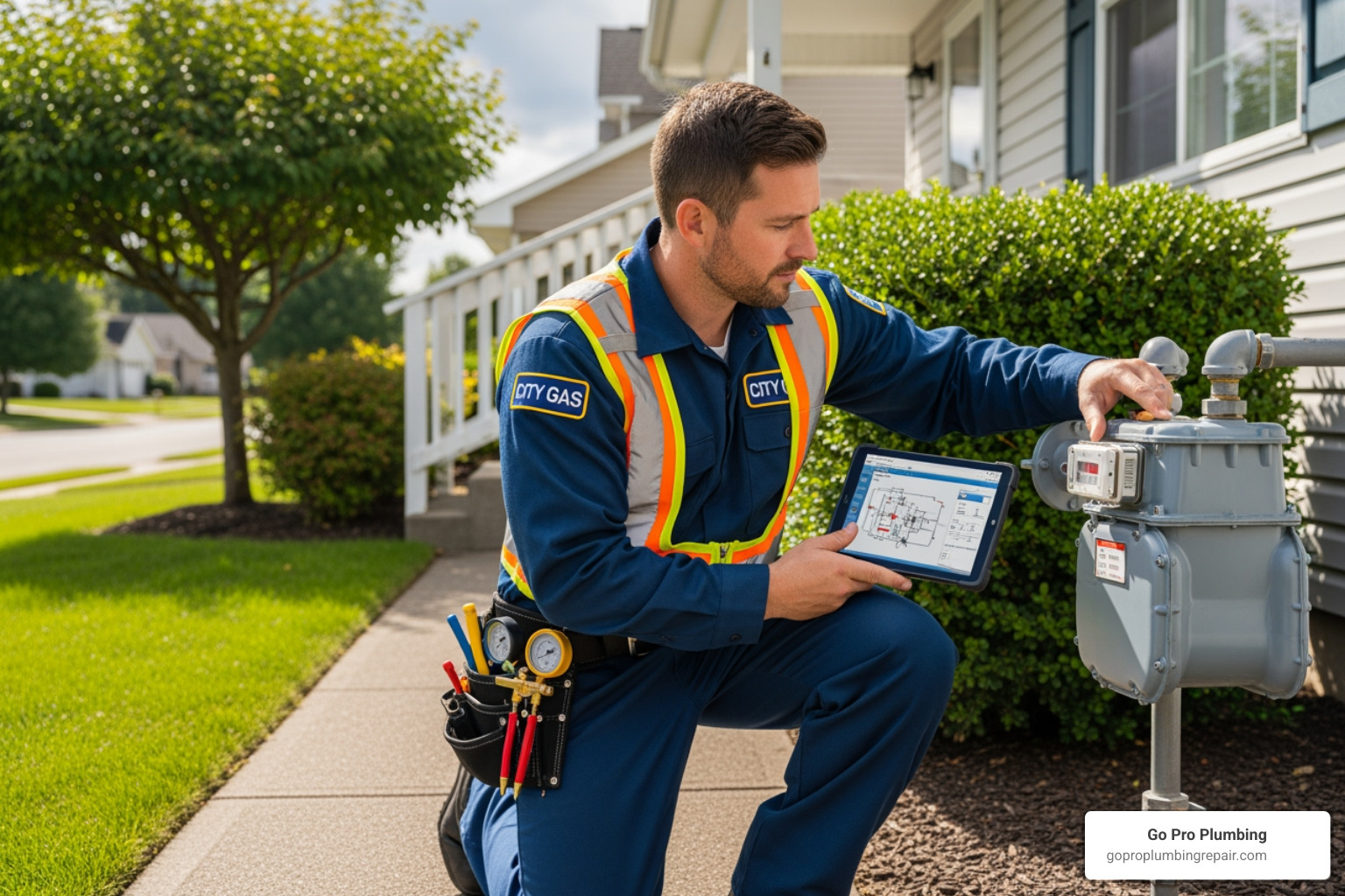 Utility worker inspecting a gas meter with a tablet - Rancho Cordova gas leak
