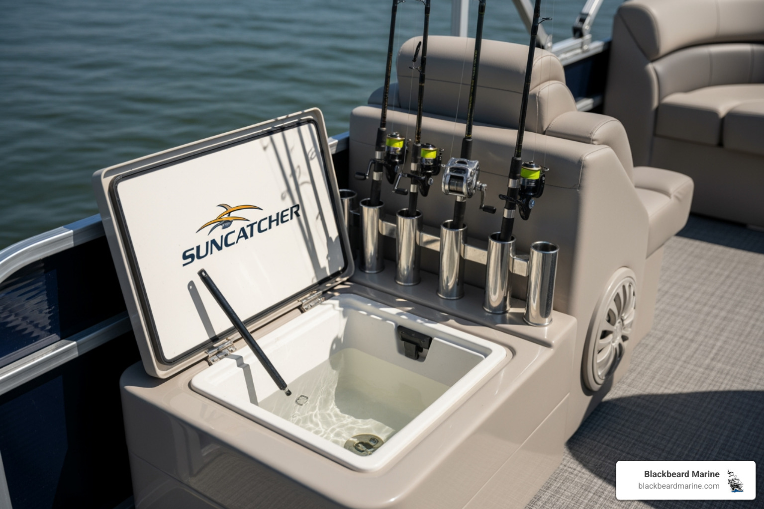 a built-in livewell and rod storage on a Suncatcher pontoon - pontoon boats for sale fishing