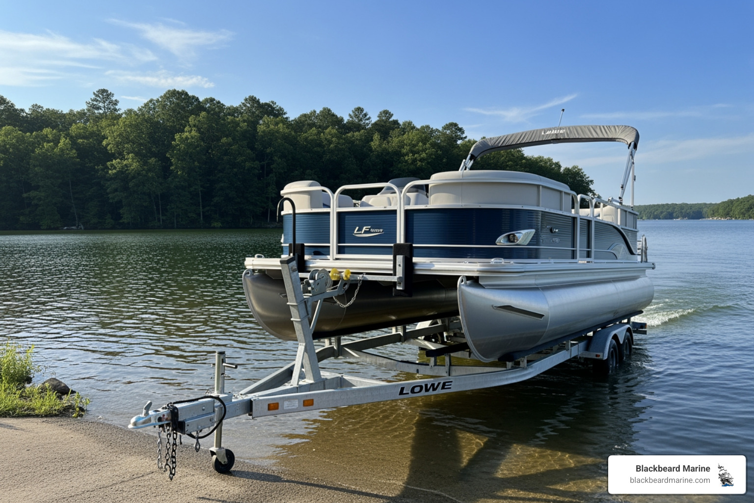 a Lowe LF Series pontoon boat ready for launch - pontoon boats for sale fishing