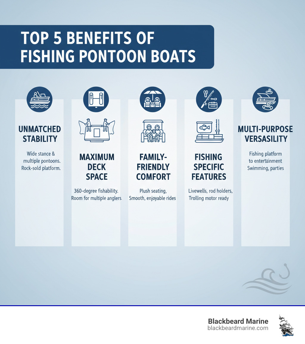 Infographic showing the top 5 benefits of fishing pontoon boats: 1. Unmatched Stability - Wide stance and multiple pontoons provide a rock-solid fishing platform that stays steady even when multiple anglers are moving around. 2. Maximum Deck Space - Open floor plans offer 360-degree fishability with room for multiple anglers to cast comfortably without tangling lines. 3. Family-Friendly Comfort - Plush seating, bimini tops, and smooth rides keep everyone happy whether you're fishing or just cruising. 4. Fishing-Specific Features - Built-in livewells, rod holders, tackle storage, and trolling motor pre-wiring come standard on dedicated fishing models. 5. Multi-Purpose Versatility - Easily transitions from serious fishing platform to family entertainment center for swimming, tubing, and lake parties. - pontoon boats for sale fishing infographic 
