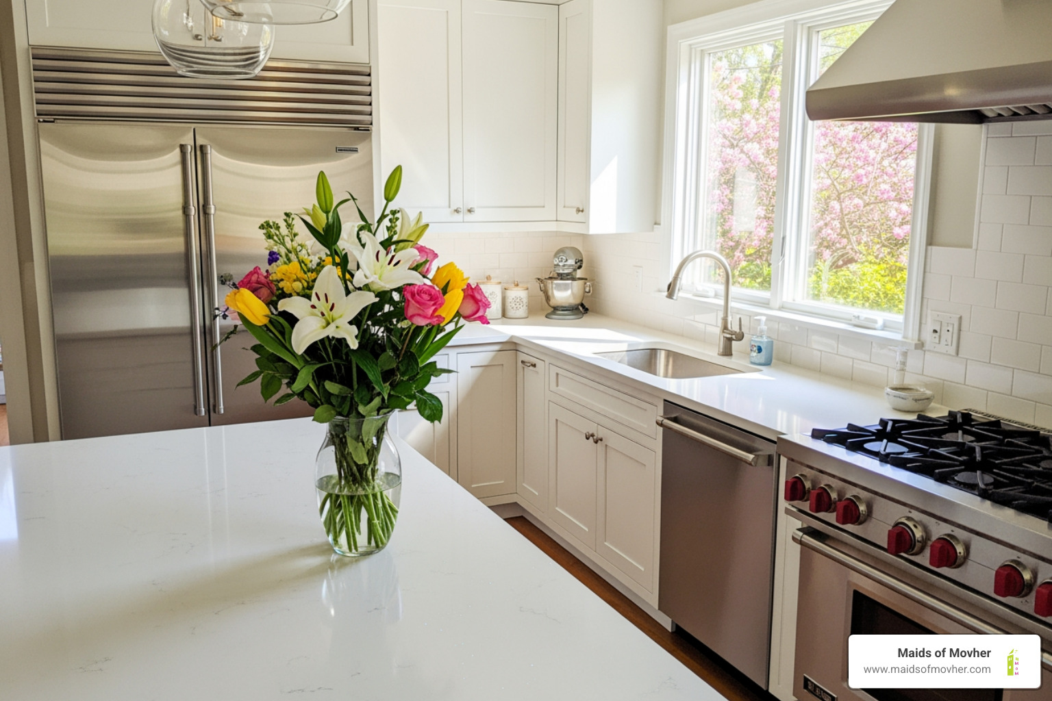 A sparkling clean kitchen, with gleaming countertops, polished stainless steel appliances, and fresh flowers, showcasing the results of a professional spring cleaning. - spring cleaning services washington A sparkling clean kitchen, with gleaming countertops, polished stainless steel appliances, and fresh flowers, showcasing the results of a professional spring cleaning. - spring cleaning services washington