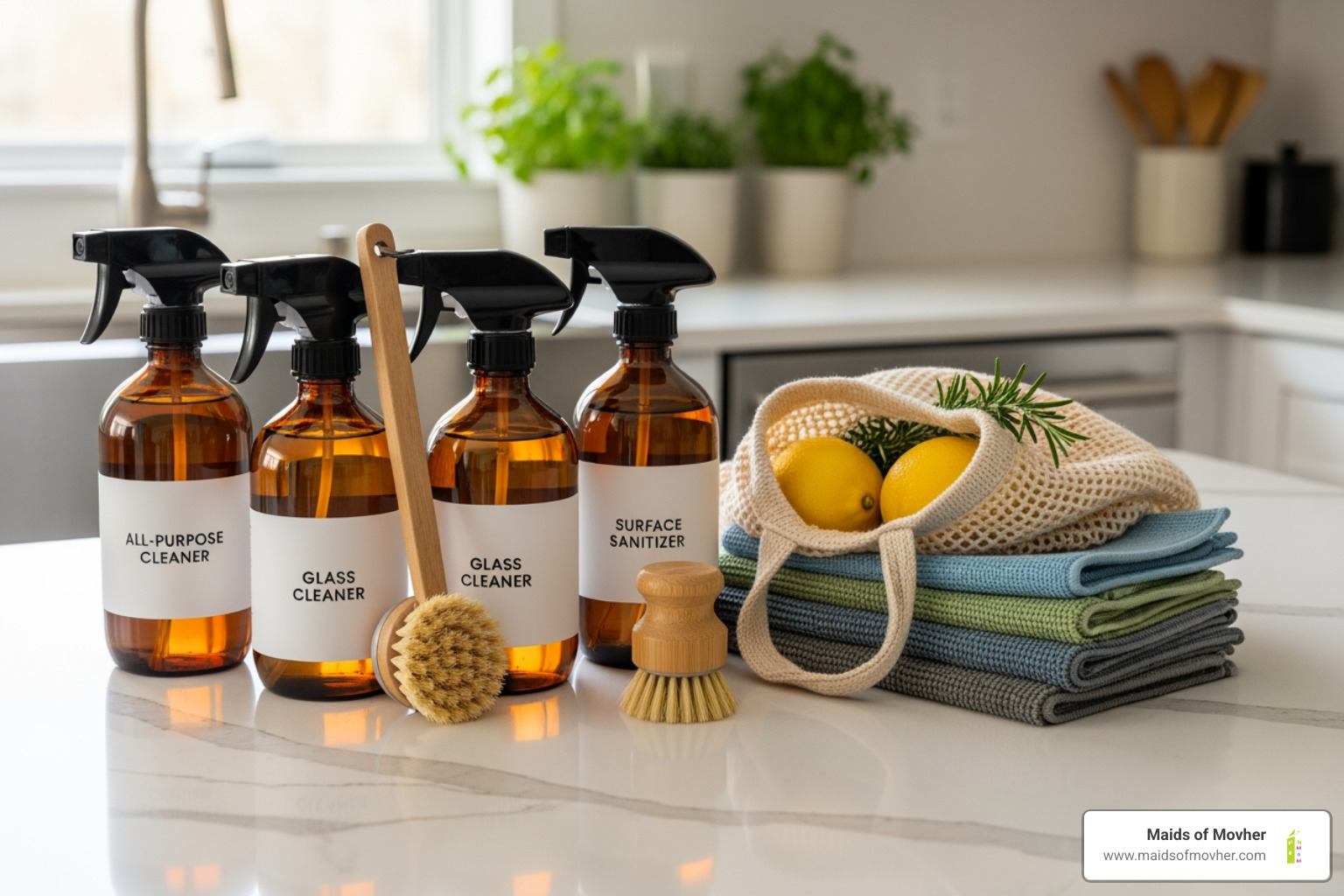 A collection of eco-friendly cleaning products, including spray bottles, brushes, and microfiber cloths, arranged neatly on a kitchen counter, emphasizing a commitment to green cleaning practices. - spring cleaning services washington A collection of eco-friendly cleaning products, including spray bottles, brushes, and microfiber cloths, arranged neatly on a kitchen counter, emphasizing a commitment to green cleaning practices. - spring cleaning services washington