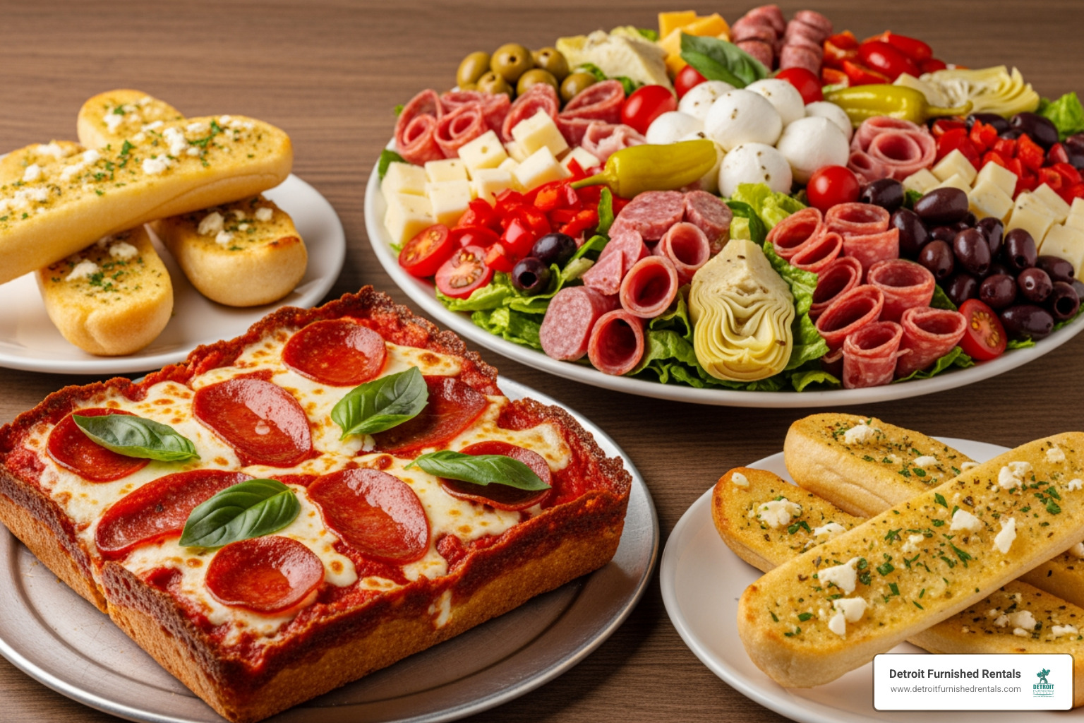 A delicious spread of Cloverleaf pizza, antipasto salad, and crunchy bread - cloverleaf pizza on gratiot