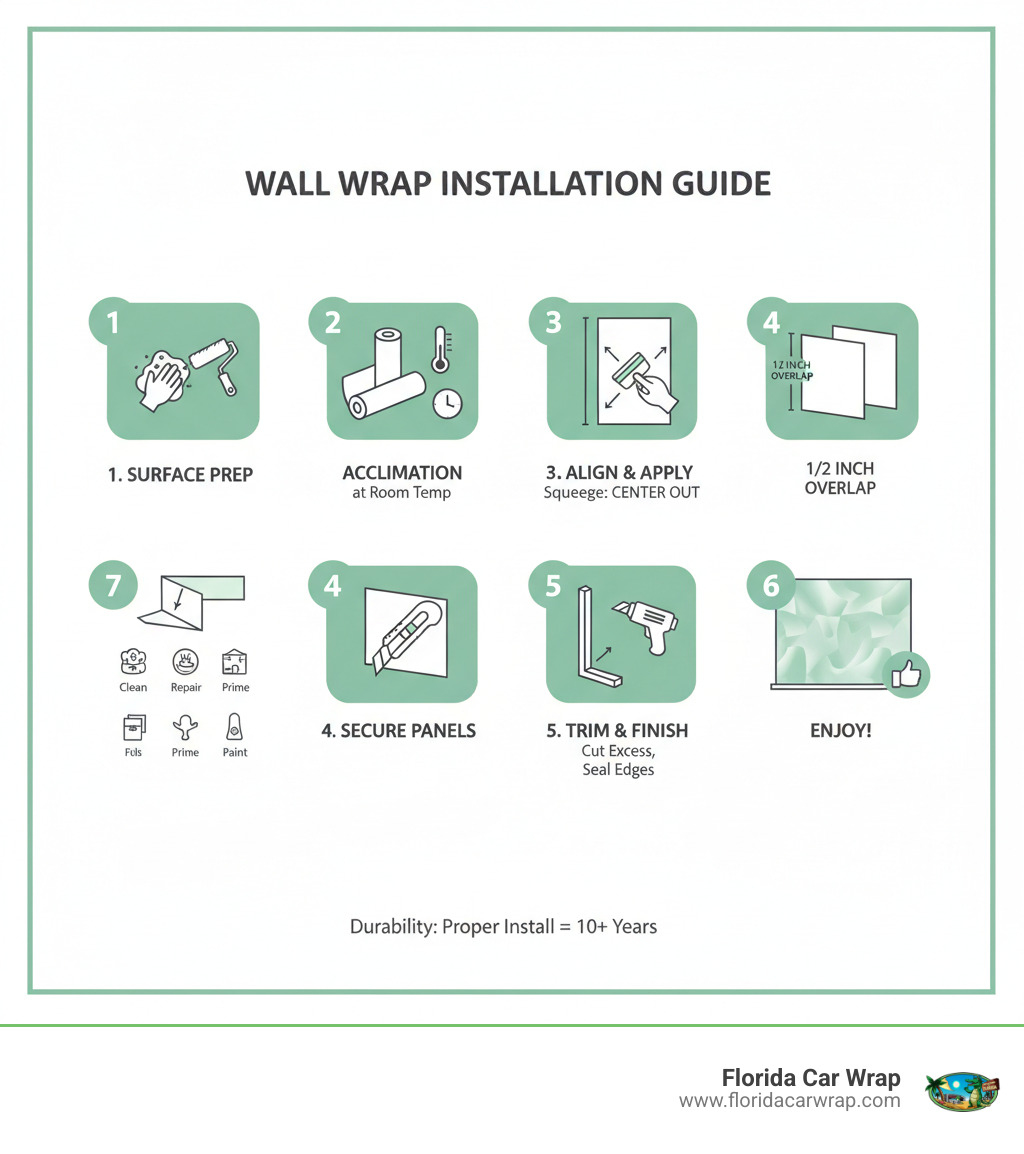 infographic showing the complete wall wrap installation process from surface preparation through final application, including key measurements like 1/2 inch overlap requirements, 48-hour acclimation time, and proper squeegee technique moving from center outward - wall wrap installation guide infographic infographic showing the complete wall wrap installation process from surface preparation through final application, including key measurements like 1/2 inch overlap requirements, 48-hour acclimation time, and proper squeegee technique moving from center outward - wall wrap installation guide infographic