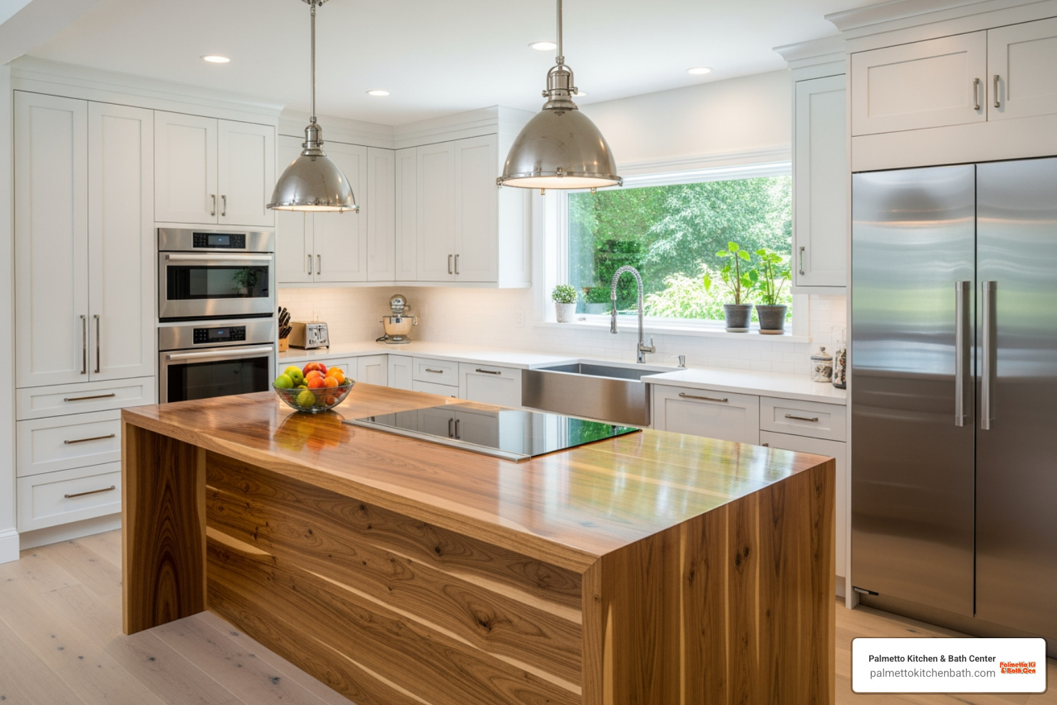 kitchen with white perimeter cabinets and a stunning wood island with a waterfall countertop - natural wood and white kitchen kitchen with white perimeter cabinets and a stunning wood island with a waterfall countertop - natural wood and white kitchen