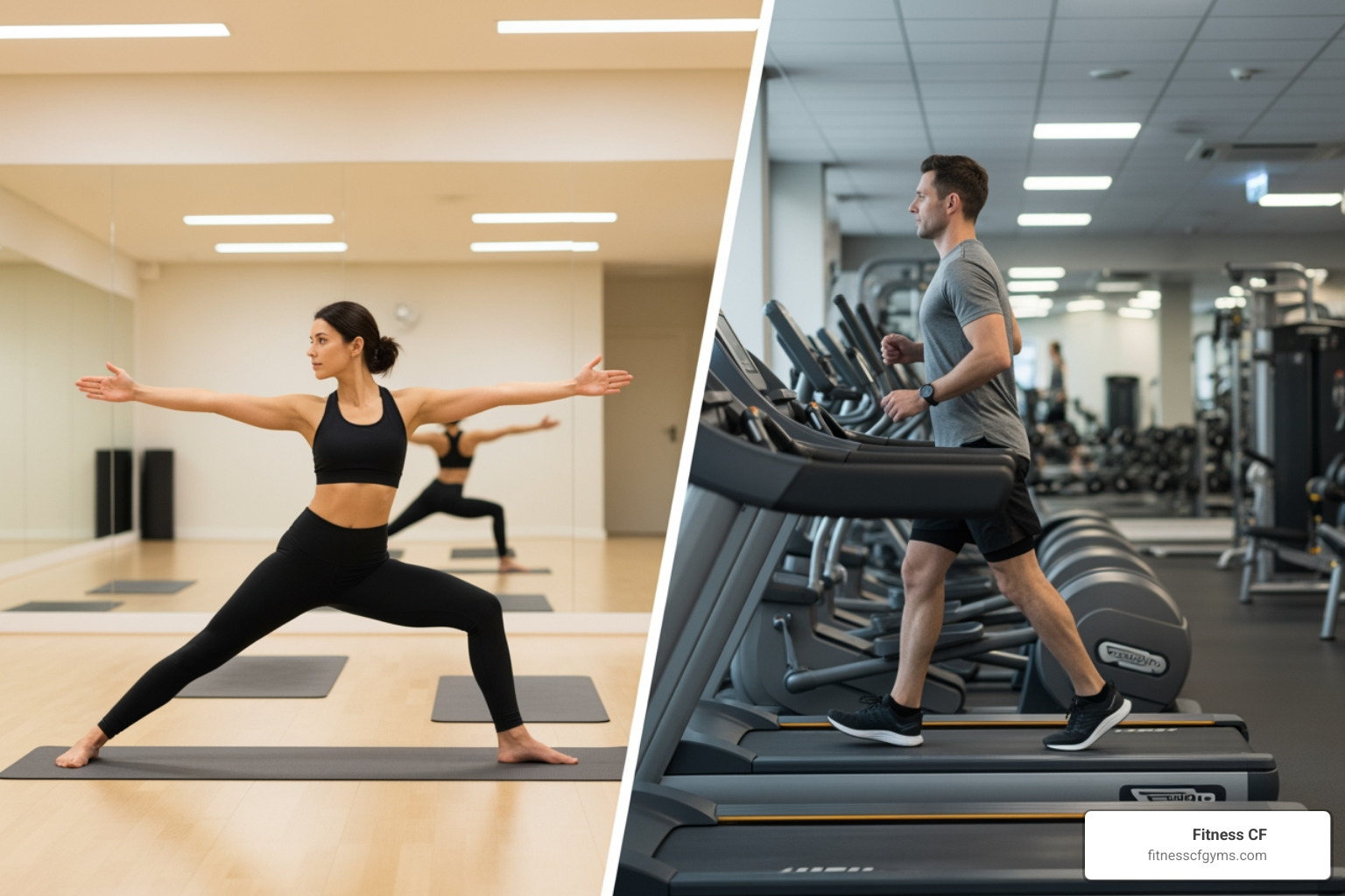 person in a yoga pose and another person on a treadmill in a split screen - gym in central florida without yearly commitment
