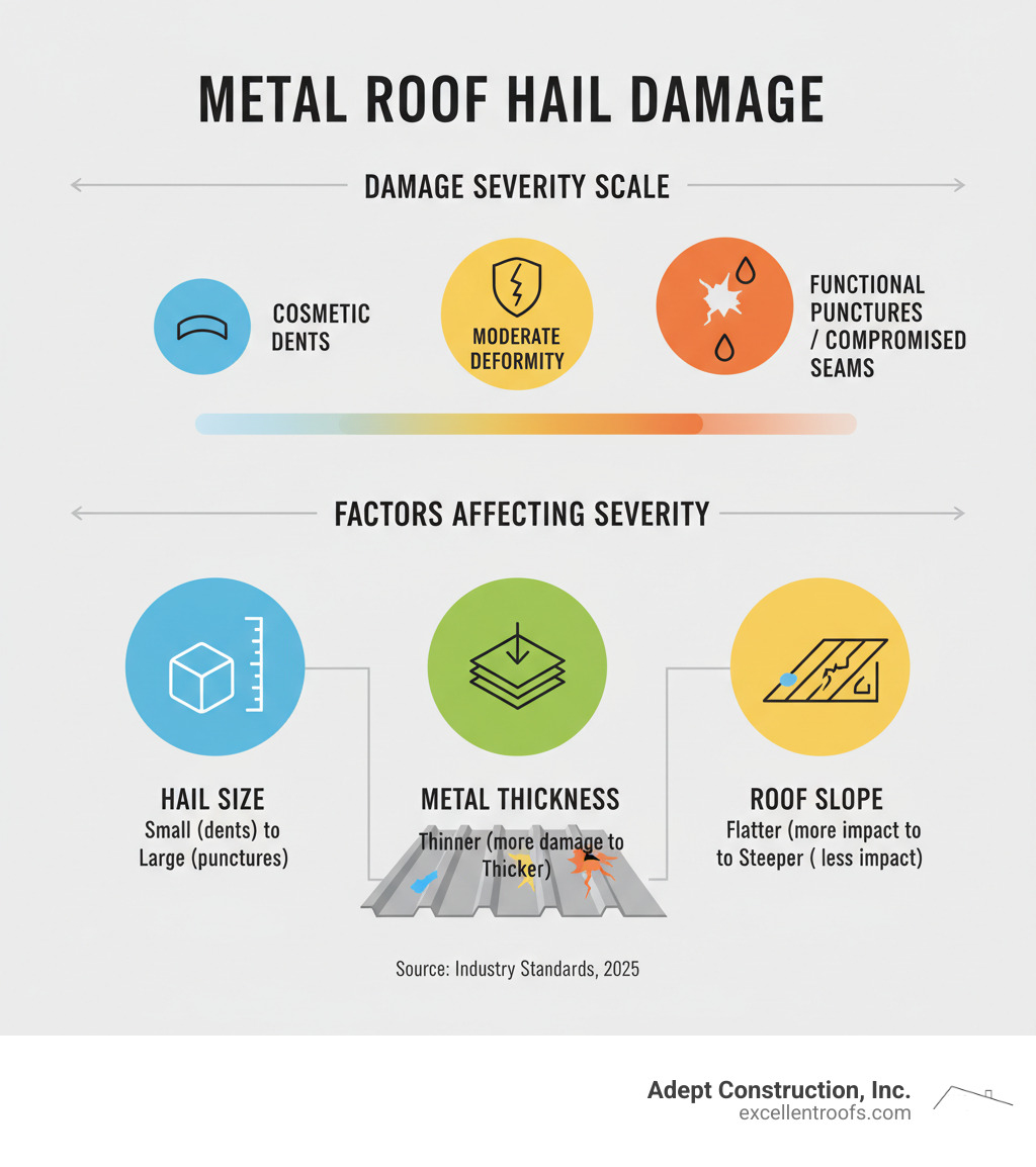 infographic showing types of metal roof hail damage with severity scale from cosmetic dents to functional punctures, plus factors affecting damage severity including hail size, metal thickness, and roof slope - metal roof hail damage infographic 