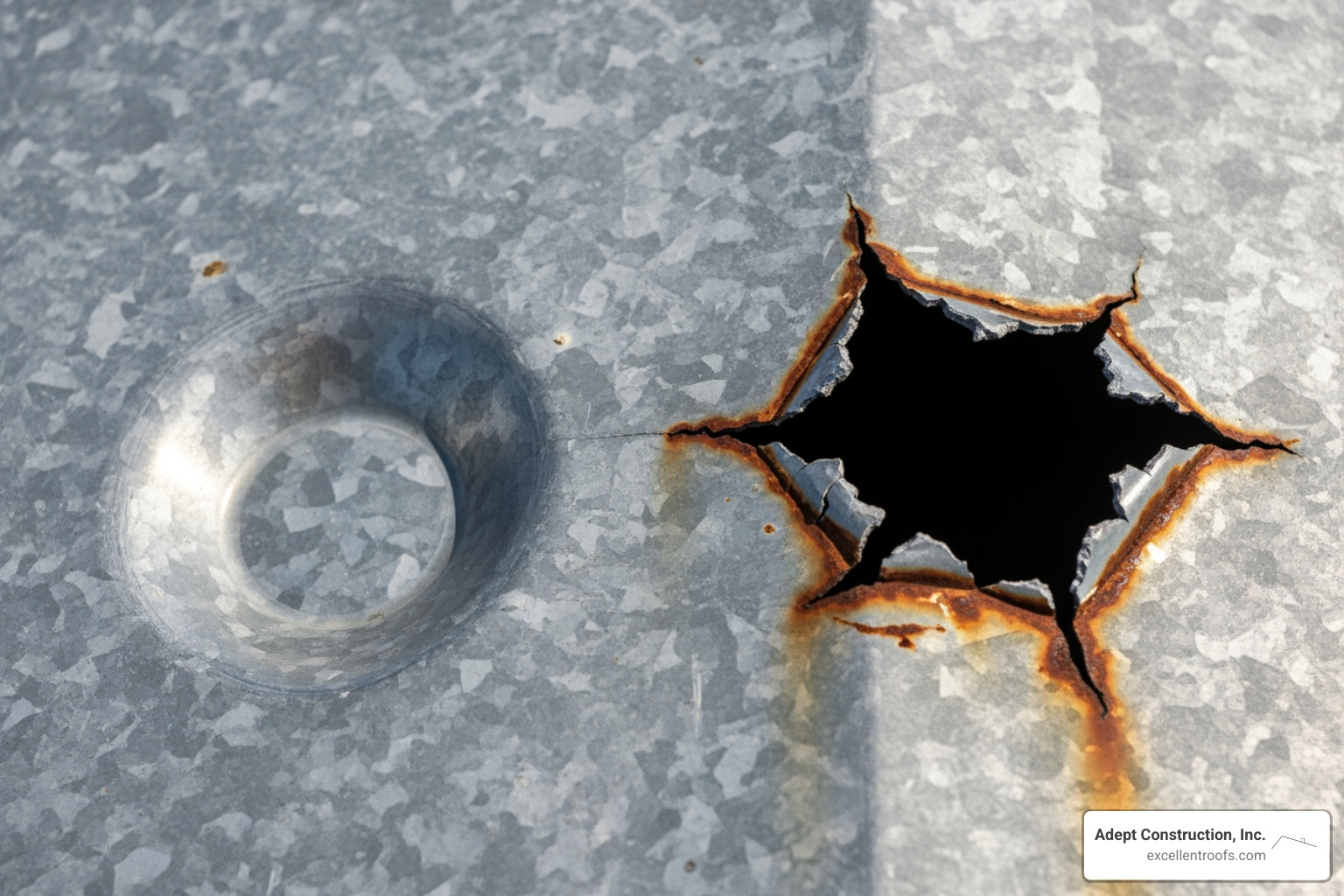 close-up comparison of cosmetic dent and functional puncture on a metal panel - metal roof hail damage