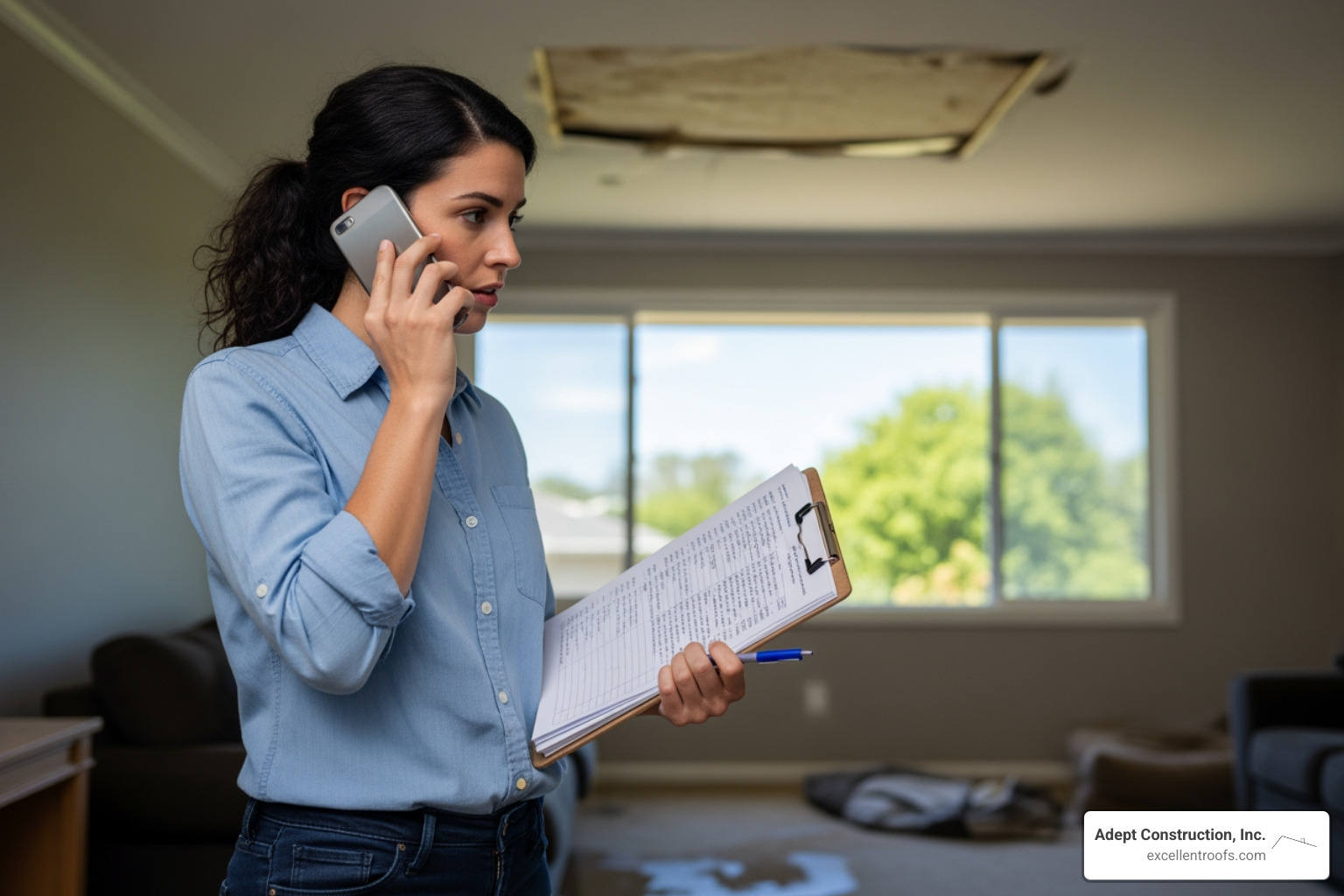 homeowner on phone with insurance agent, with a clipboard of notes - metal roof hail damage