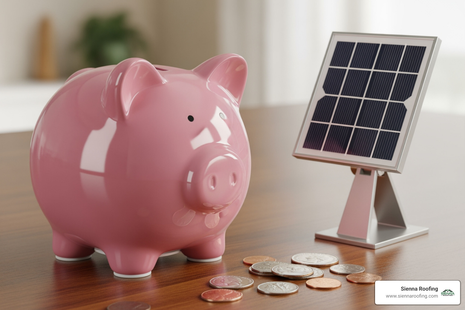 piggy bank next to a small solar panel, symbolizing savings - solar panel installation missouri city piggy bank next to a small solar panel, symbolizing savings - solar panel installation missouri city