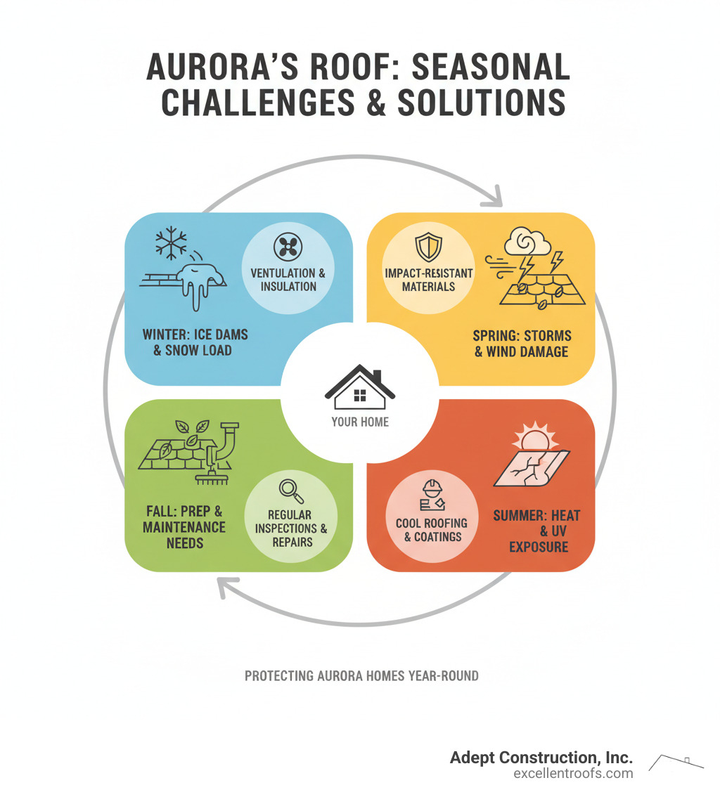 infographic showing Aurora's seasonal roof challenges: winter ice dams and snow load, spring storms and wind damage, summer heat and UV exposure, fall preparation and maintenance needs, with corresponding contractor solutions like proper ventilation, impact-resistant materials, and regular inspections - roofing contractors aurora infographic 
