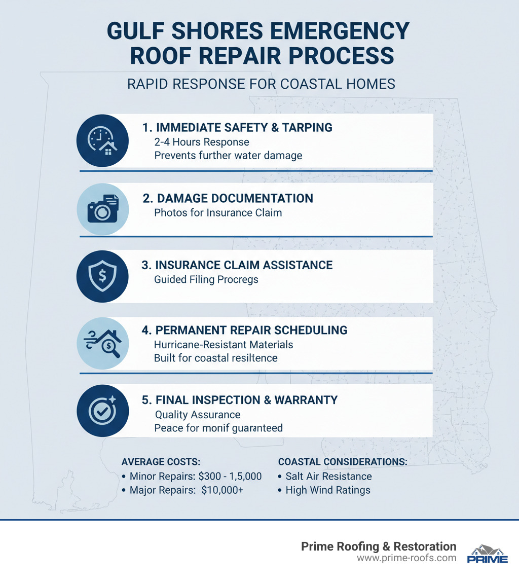 Infographic showing the emergency roof repair process in Gulf Shores: 1) Immediate safety assessment and temporary tarping within 2-4 hours, 2) Complete damage documentation with photos for insurance, 3) Insurance claim filing assistance, 4) Permanent repair scheduling with hurricane-resistant materials, 5) Final inspection and warranty. Includes average response times, typical costs for minor ($300-$1,500) vs major repairs ($10,000+), and key coastal considerations like salt air resistance and wind ratings. - emergency roof repair gulf shores al infographic Infographic showing the emergency roof repair process in Gulf Shores: 1) Immediate safety assessment and temporary tarping within 2-4 hours, 2) Complete damage documentation with photos for insurance, 3) Insurance claim filing assistance, 4) Permanent repair scheduling with hurricane-resistant materials, 5) Final inspection and warranty. Includes average response times, typical costs for minor ($300-$1,500) vs major repairs ($10,000+), and key coastal considerations like salt air resistance and wind ratings. - emergency roof repair gulf shores al infographic
