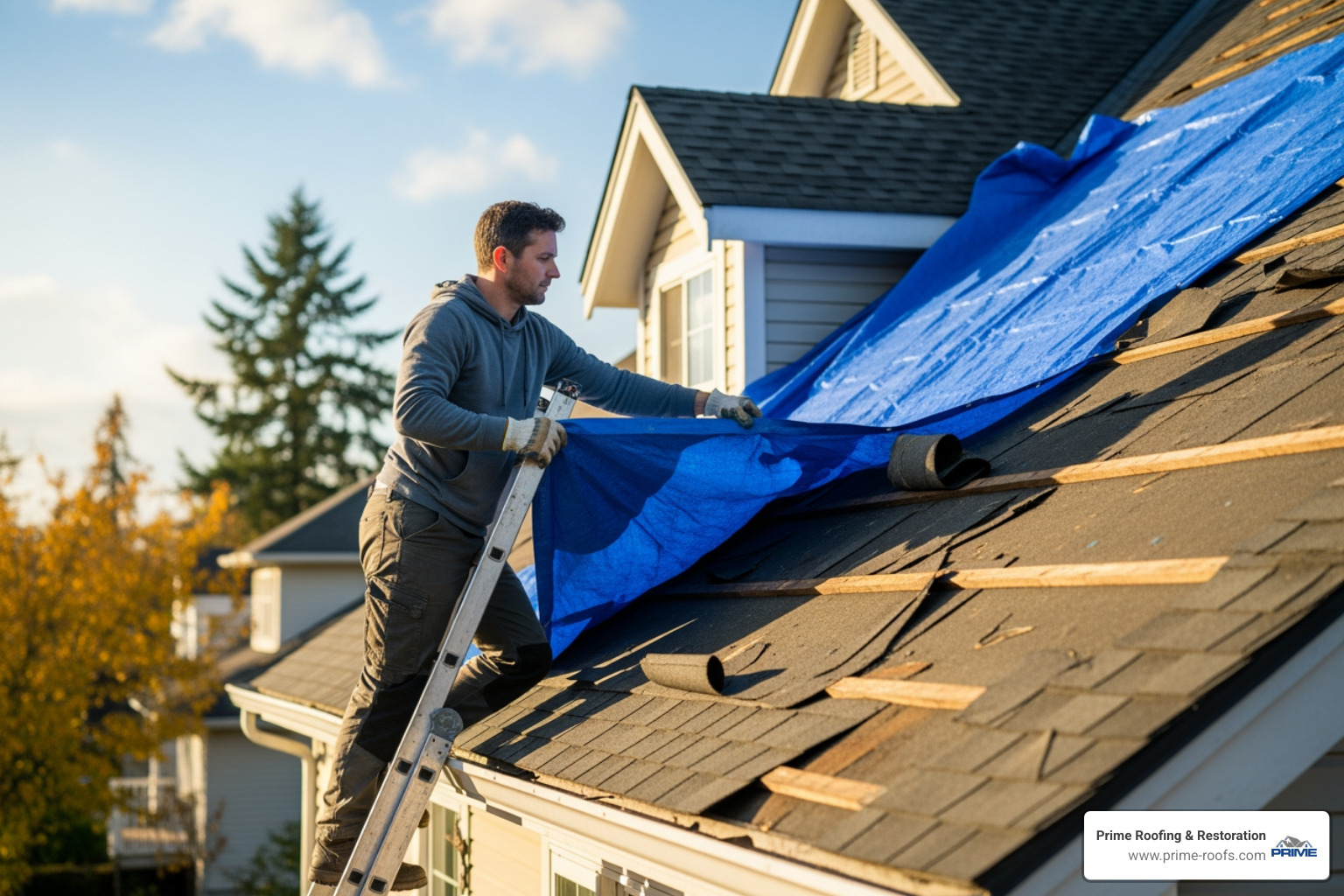 of a homeowner safely placing a tarp over a damaged roof section - emergency roof repair gulf shores al of a homeowner safely placing a tarp over a damaged roof section - emergency roof repair gulf shores al