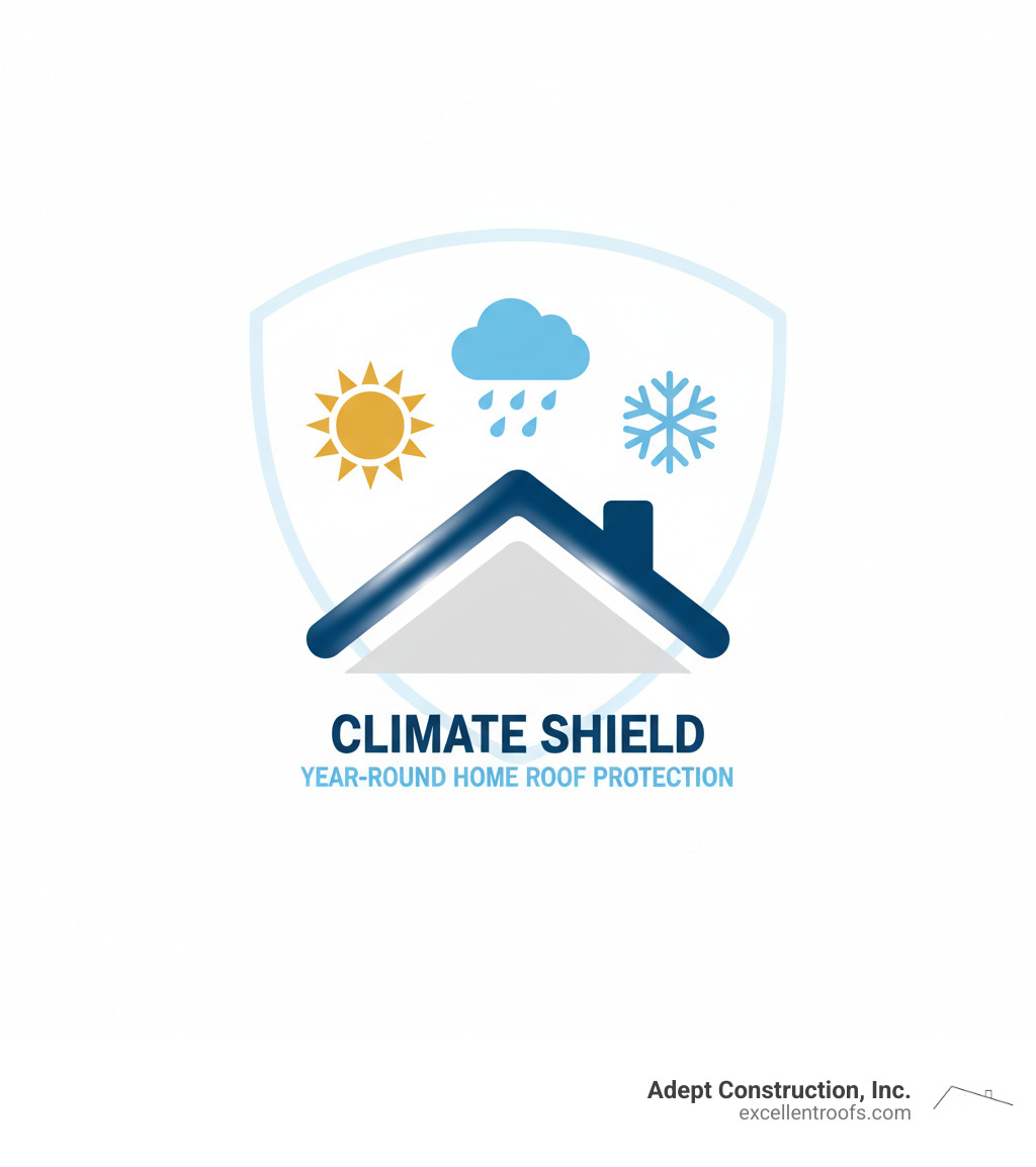 infographic depicting a secure, well-maintained roof protecting a home, surrounded by elements like sun, rain, and snow, symbolizing protection against climate challenges - roofing contractors aurora infographic 