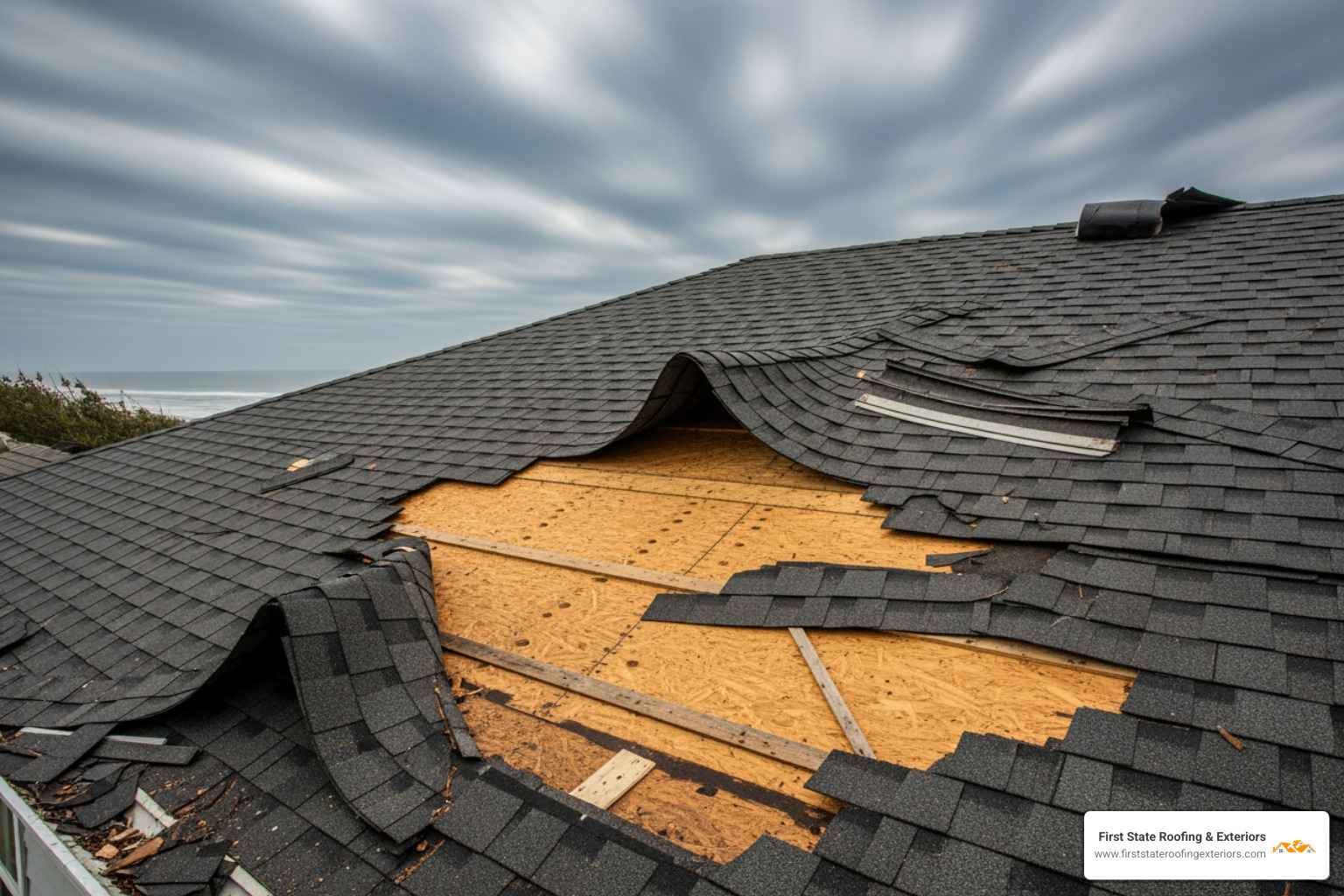 A roof showing weather damage like wind-lifted shingles, highlighting the impact of Milford's coastal climate. - roof installation milford de