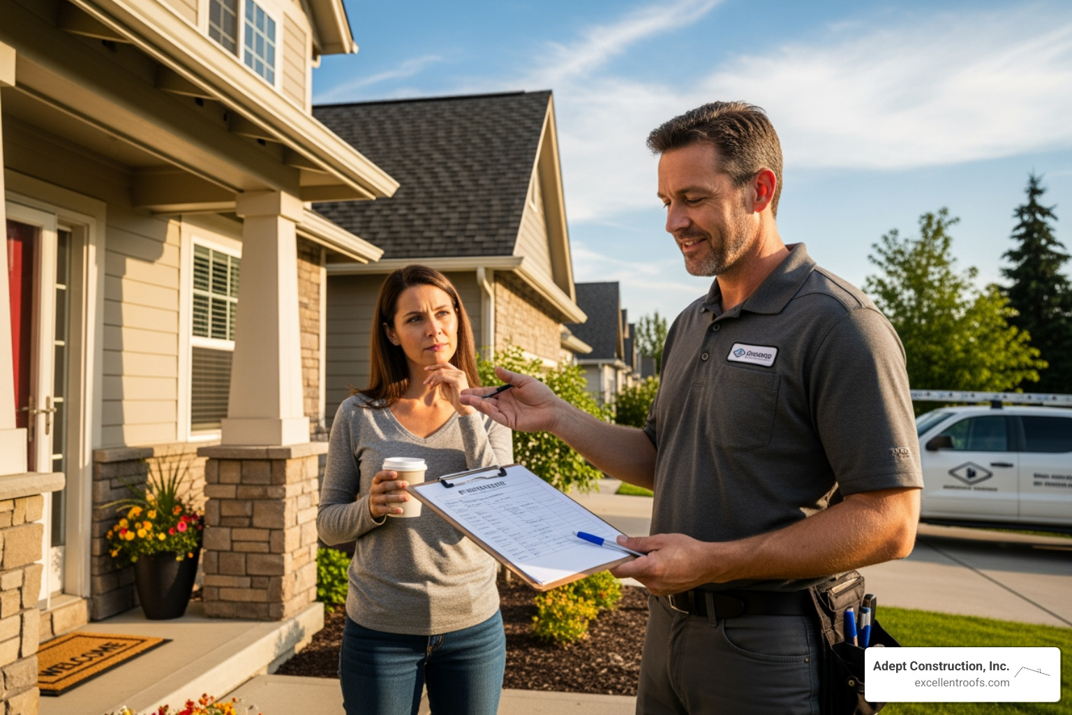 a roofing contractor providing a written estimate to a homeowner - roofing contractors aurora