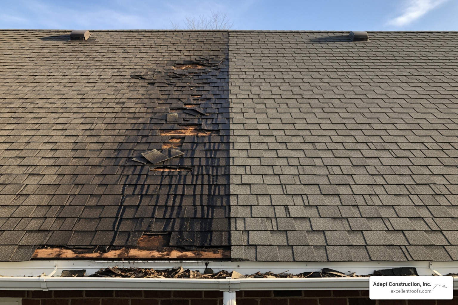 a split view of a damaged roof section and a repaired roof section - roofing contractors aurora