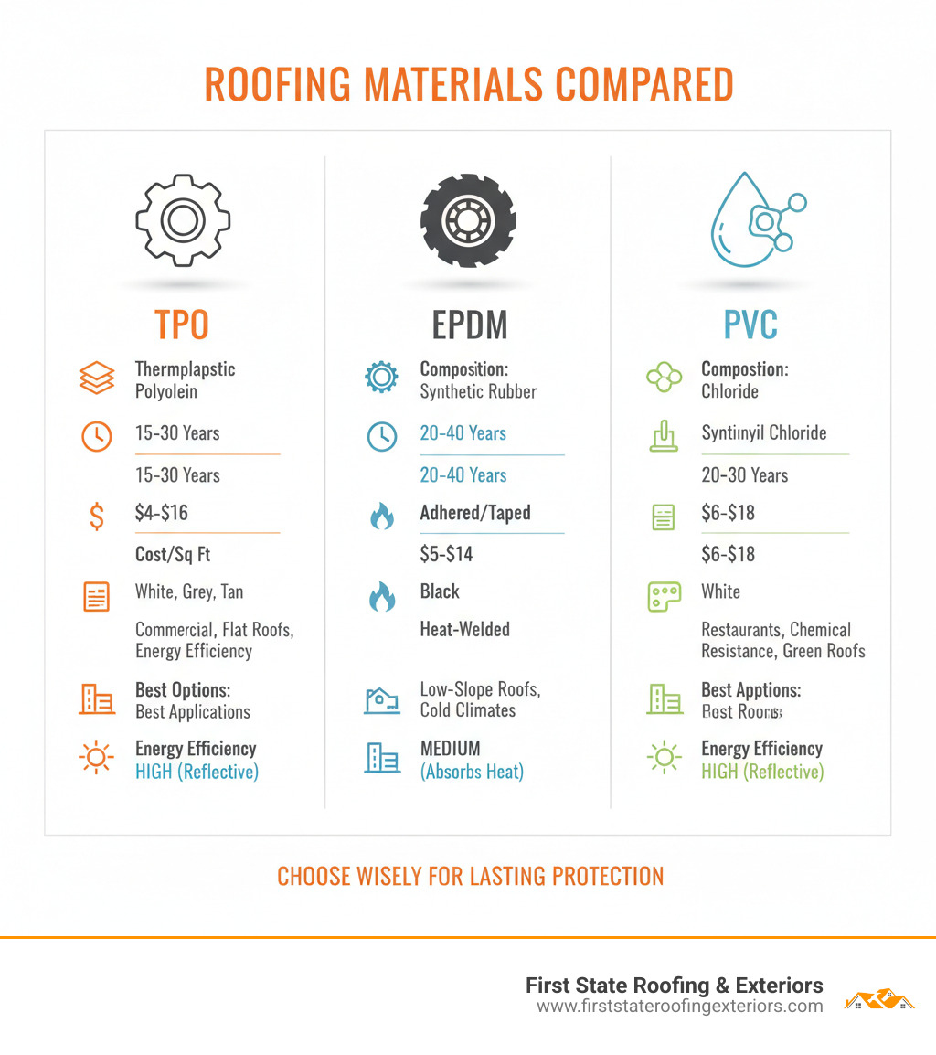 Infographic comparing TPO, EPDM, and PVC roofing materials showing key differences in composition, lifespan, cost per square foot, seam type, color options, best applications, and energy efficiency ratings - TPO roof replacement infographic 