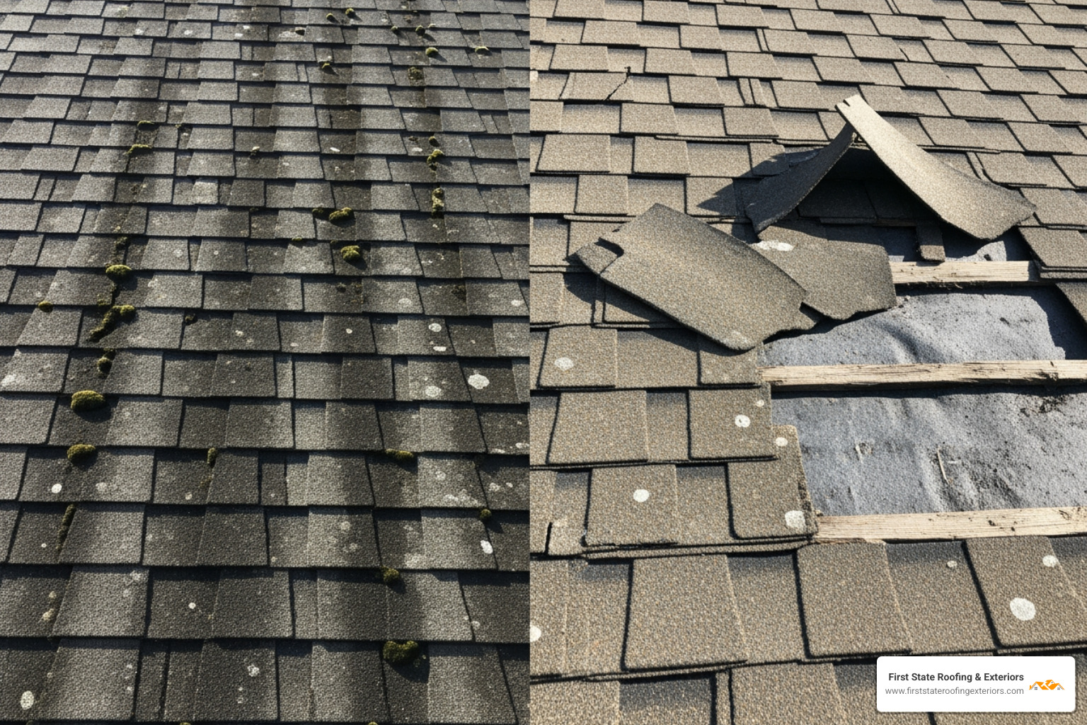 Image of dark streaks (algae) on asphalt shingles and another of curled or missing shingles - residential roofing seaford de