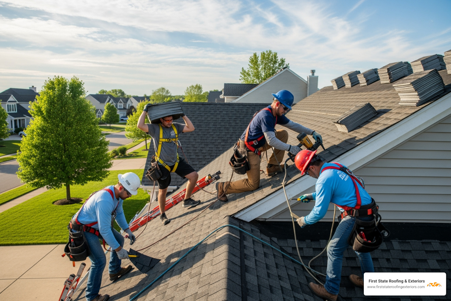 A roofing crew, equipped with OSHA-required safety harnesses, safely working on a roof installation in Milford, DE. - roof installation milford de