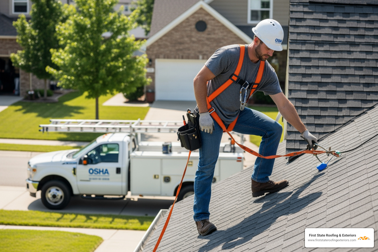 First State Roofing & Exteriors branded truck with a roofer wearing a safety harness on a roof - roofing contractor seaford First State Roofing & Exteriors branded truck with a roofer wearing a safety harness on a roof - roofing contractor seaford