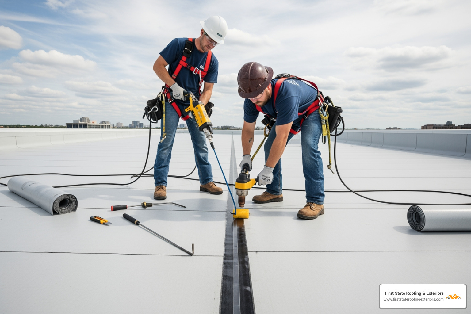 Professional roofers wearing safety harnesses meticulously heat-welding a TPO seam on a commercial flat roof - TPO roof replacement