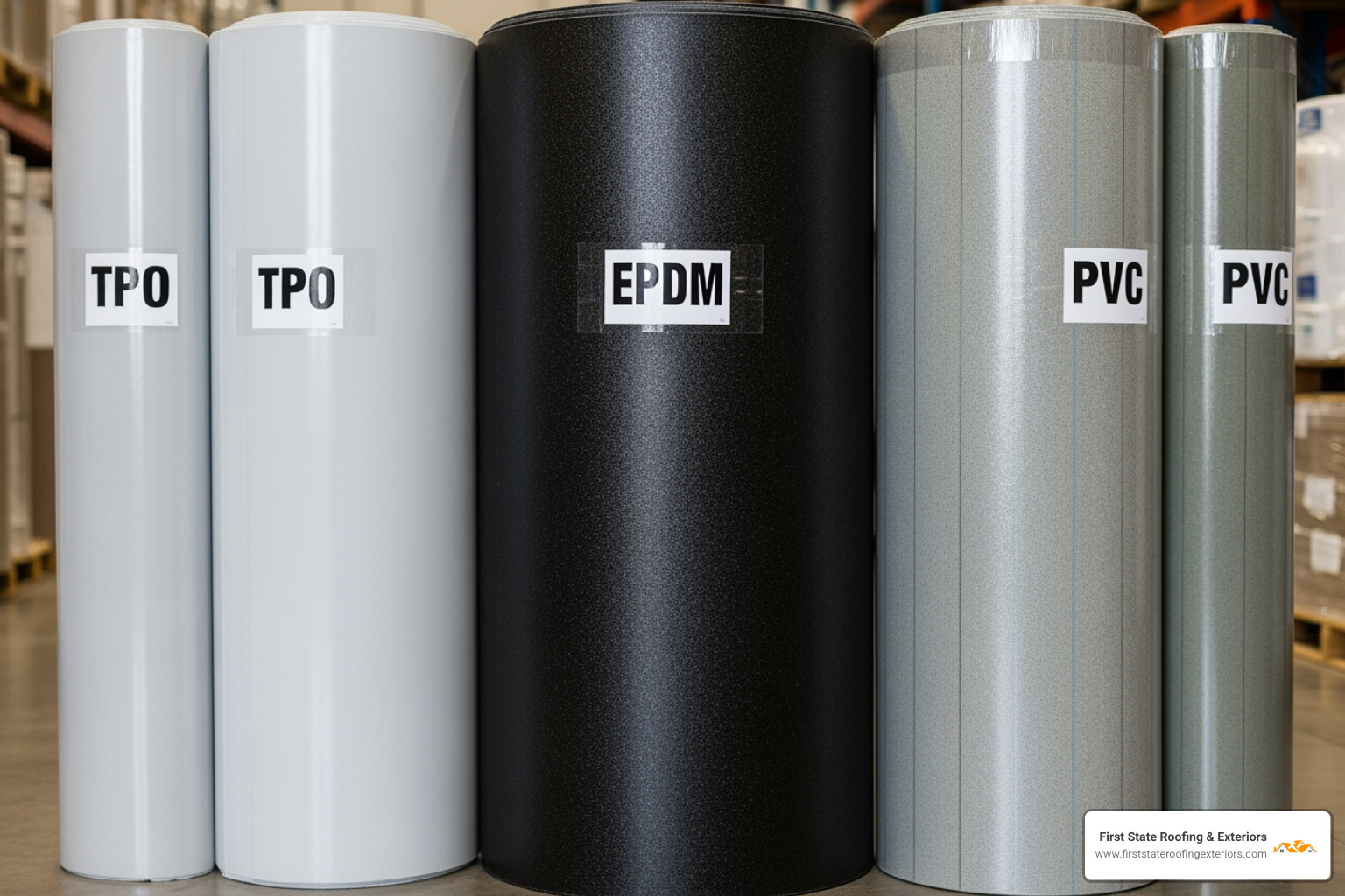 Rolls of TPO, EPDM, and PVC roofing material displayed side-by-side, showcasing their different colors and textures - TPO roof replacement