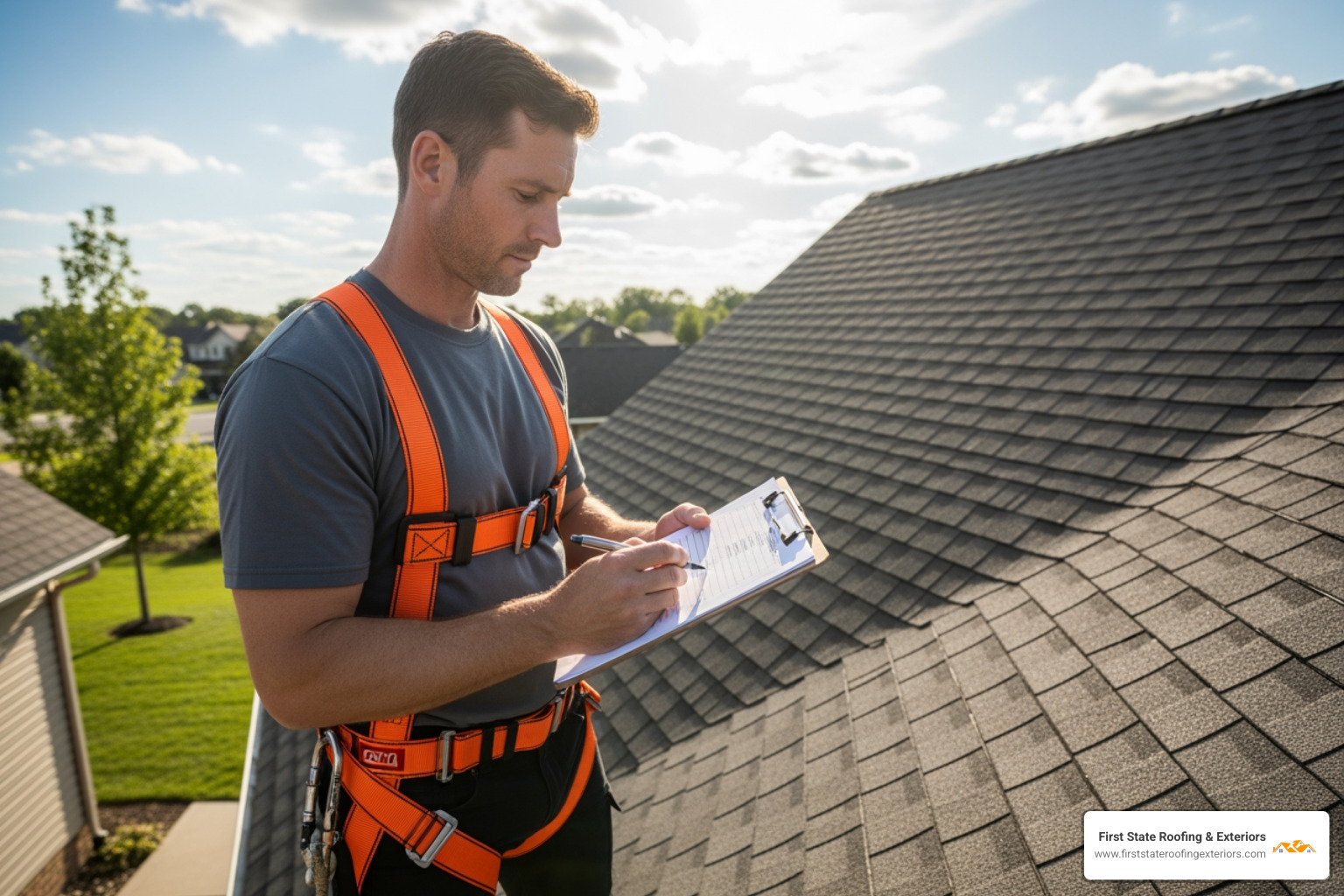 professional roofer safely inspecting a roof with a checklist and safety harness - residential roofing seaford de