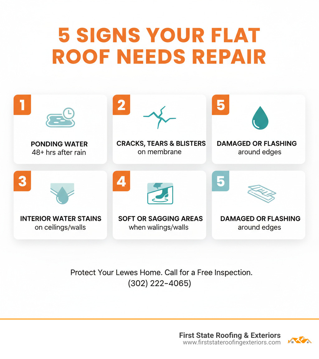 Infographic showing the 5 most common signs your flat roof needs repair: 1) Ponding water that remains 48+ hours after rain, 2) Visible cracks, tears, or blisters on the membrane surface, 3) Interior water stains on ceilings or walls, 4) Soft or sagging areas when walking on the roof, 5) Damaged or loose flashing around vents, edges, and penetrations - flat roof repairs lewes infographic 