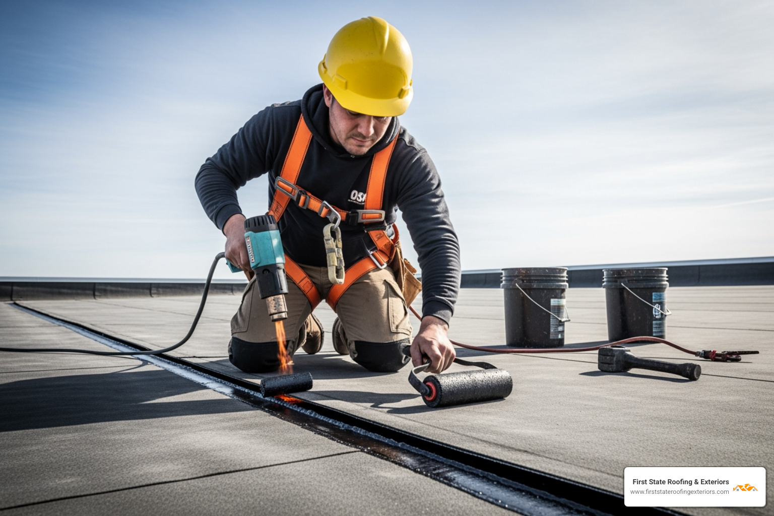 roofer professionally sealing a seam on a flat roof with OSHA harness - flat roof repairs lewes